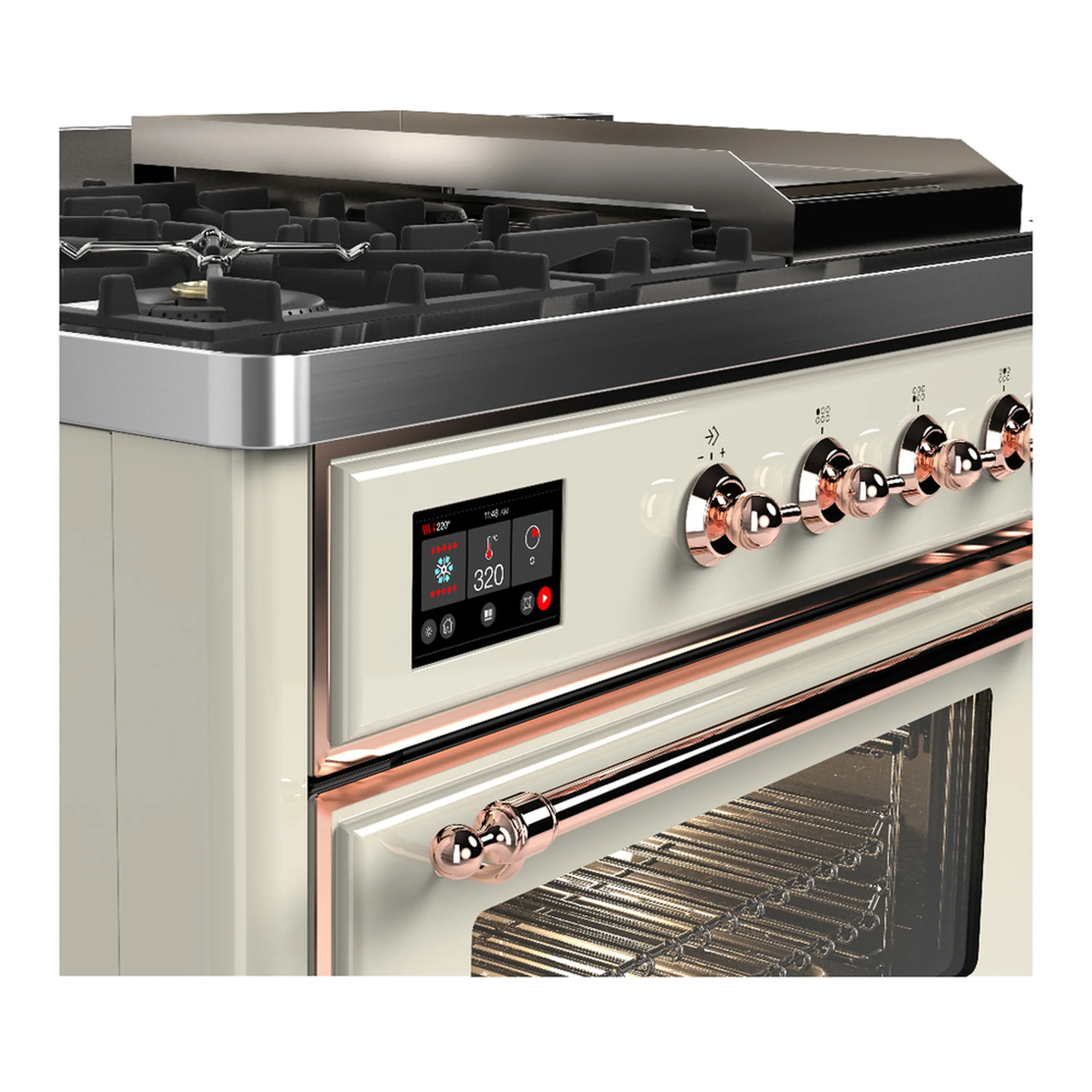 ILVE Majestic III 48-inch Dual Fuel Range with 5 Natural Gas Burner, Griddle, French Top and Triple Glass Door Electric Oven in Antique White with Copper Trim (UM48FSNR3AWP) - Image 7