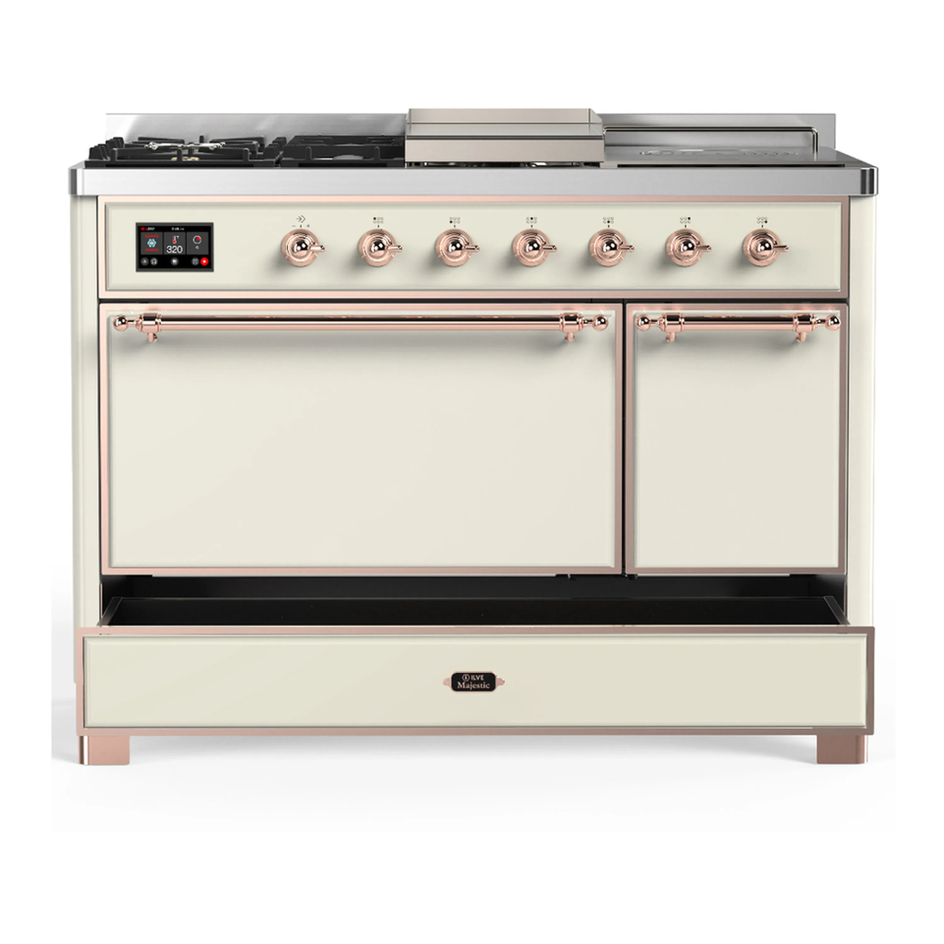 ILVE Majestic III 48-inch Dual Fuel Range with 5 Natural Gas Burner, Griddle, French Top and Solid Door Electric Oven in Antique White with Copper Trim (UM48FSQNR3AWP) - Image 3