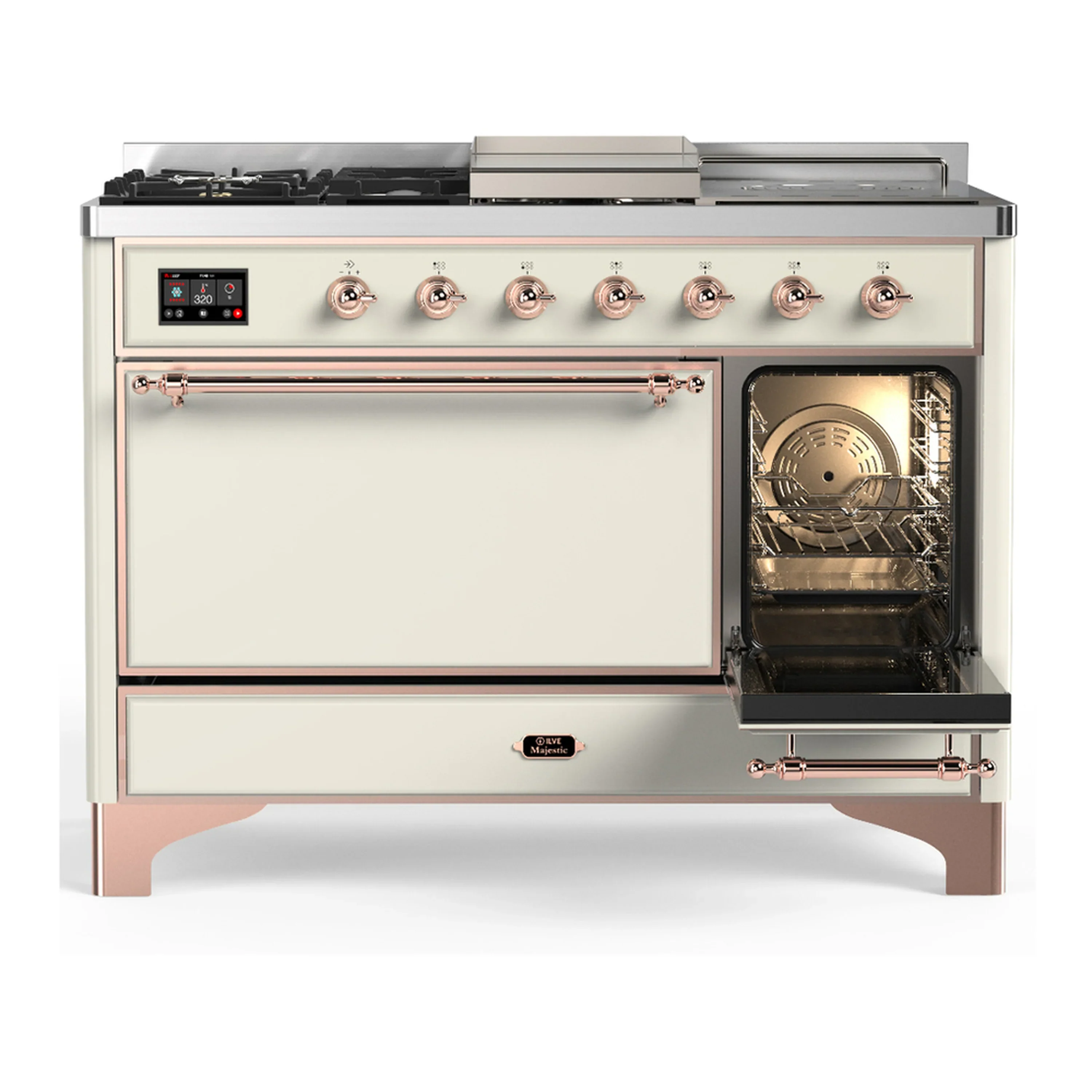ILVE Majestic III 48-inch Dual Fuel Range with 5 Liquid Propane Burner, Griddle, French Top and Solid Door Electric Oven in Antique White with Copper Trim (UM48FSQNR3AWPLP) - Image 4