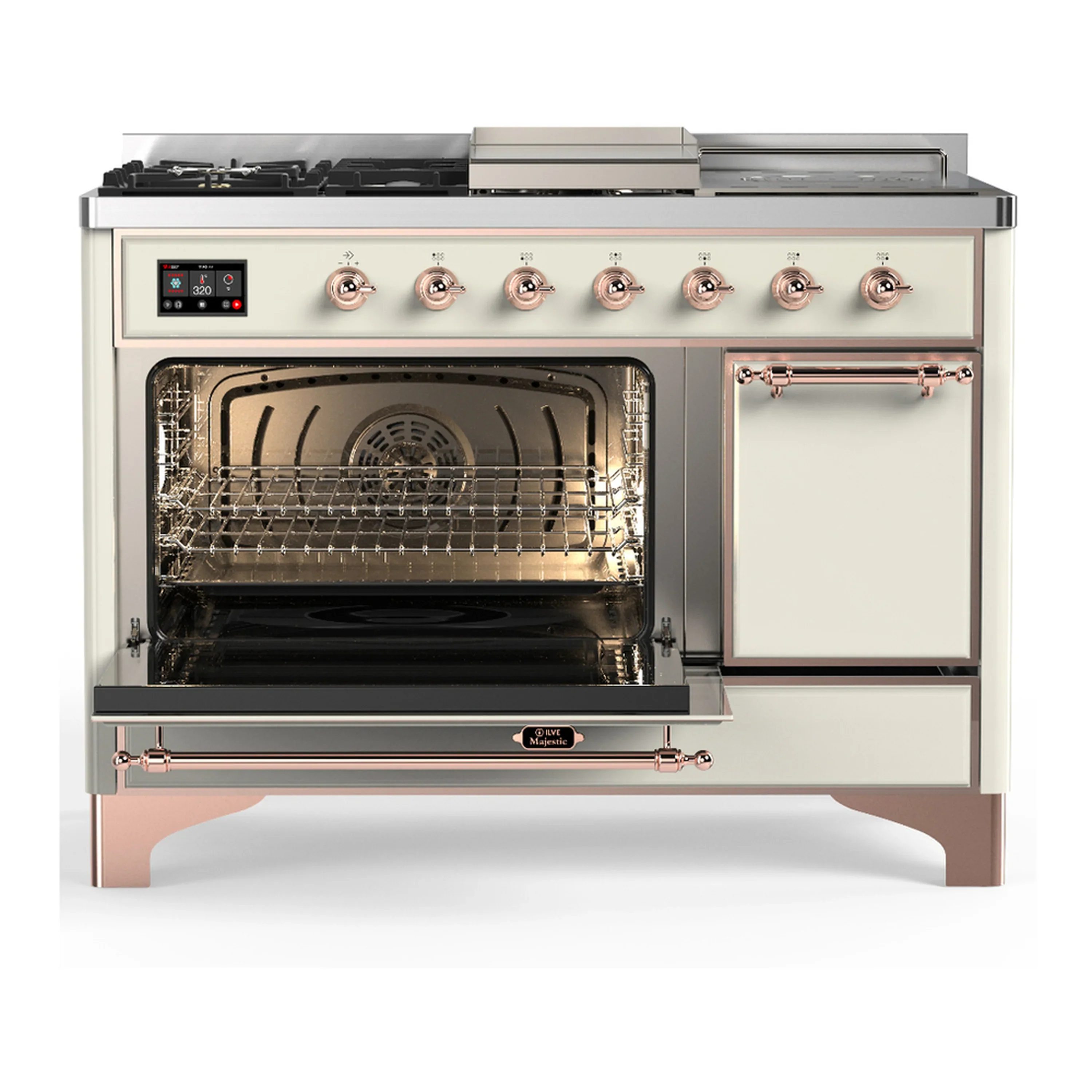 ILVE Majestic III 48-inch Dual Fuel Range with 5 Liquid Propane Burner, Griddle, French Top and Solid Door Electric Oven in Antique White with Copper Trim (UM48FSQNR3AWPLP) - Image 5