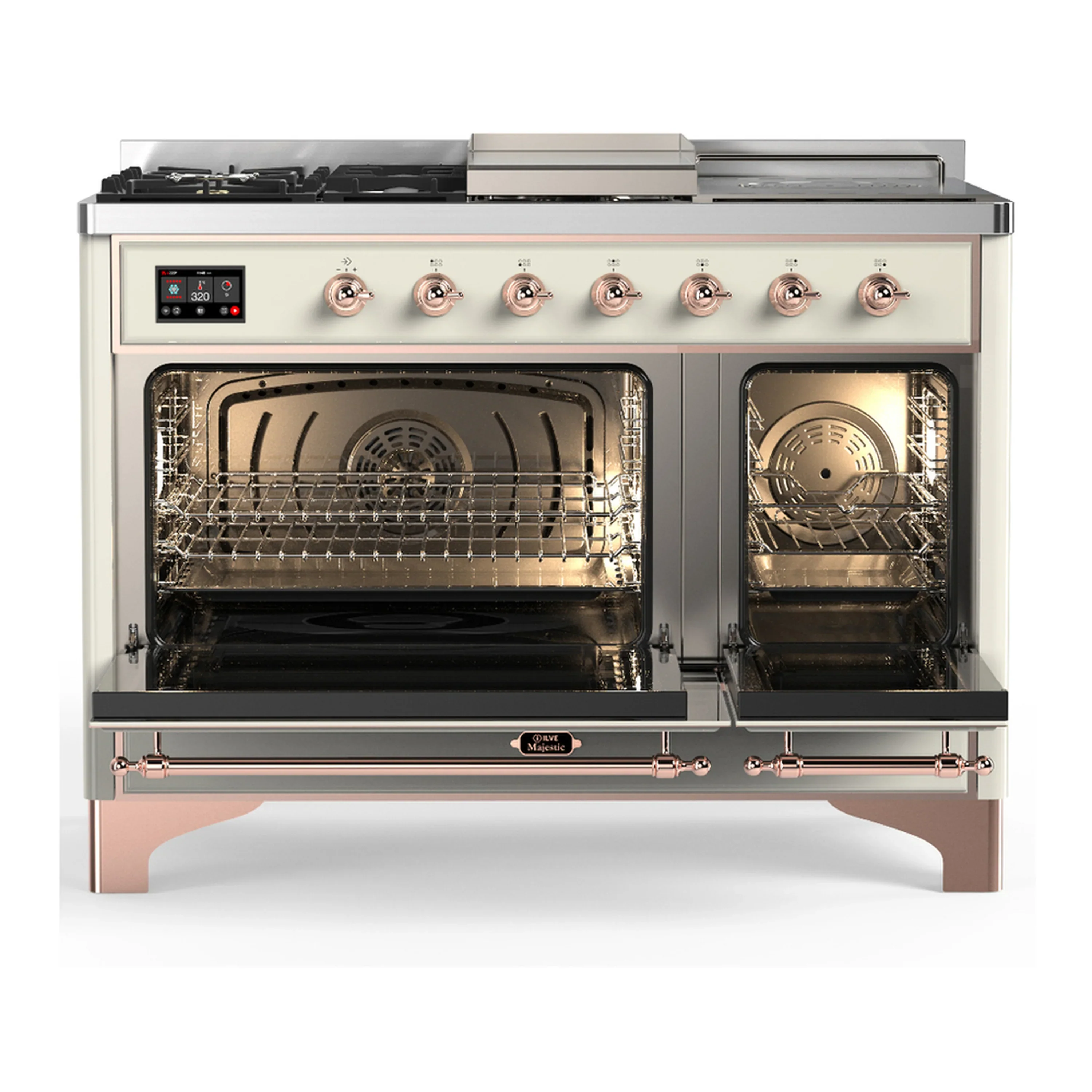 ILVE Majestic III 48-inch Dual Fuel Range with 5 Liquid Propane Burner, Griddle, French Top and Solid Door Electric Oven in Antique White with Copper Trim (UM48FSQNR3AWPLP) - Image 6