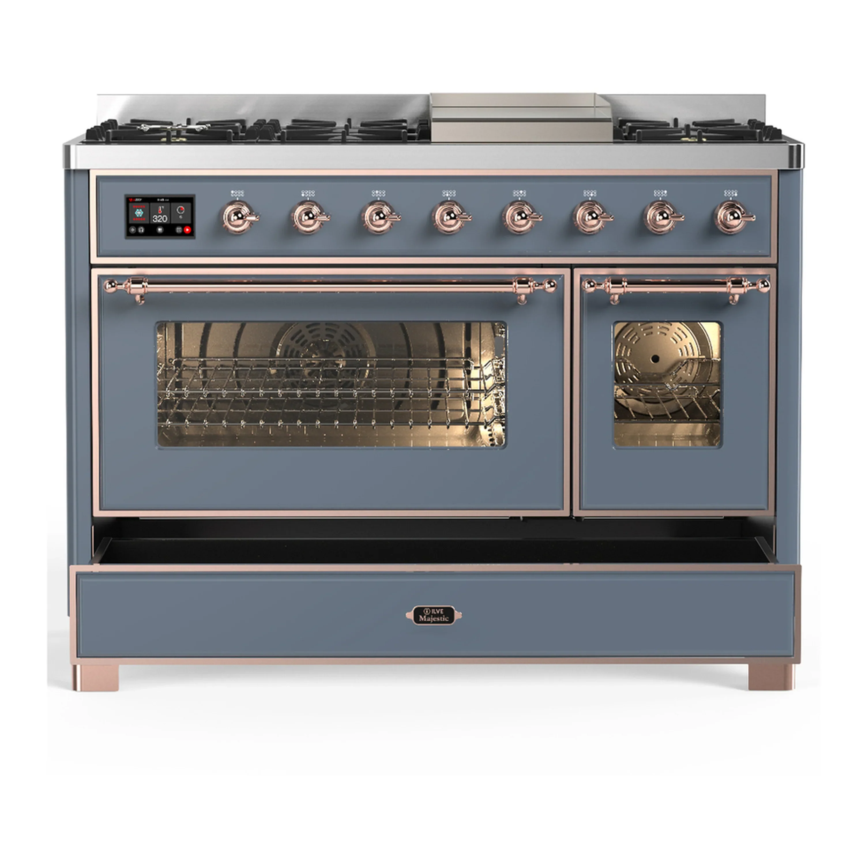 ILVE Majestic III 48-inch Dual Fuel Range with 5 Liquid Propane Burner, Griddle and Triple Glass Door Electric Oven in Blue Grey with Copper Trim (UM48FNR3BGPLP) - Image 3