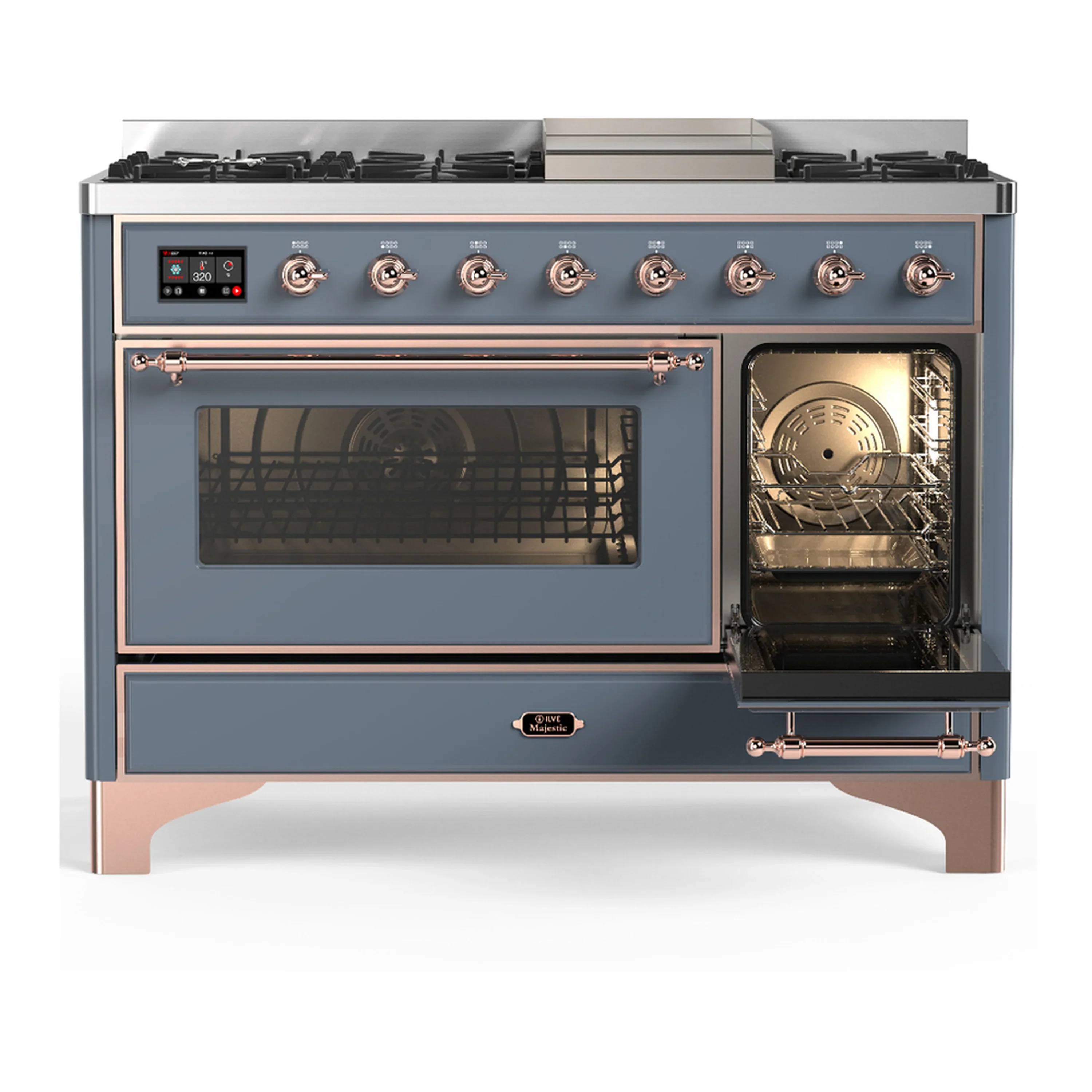 ILVE Majestic III 48-inch Dual Fuel Range with 5 Liquid Propane Burner, Griddle and Triple Glass Door Electric Oven in Blue Grey with Copper Trim (UM48FNR3BGPLP) - Image 4