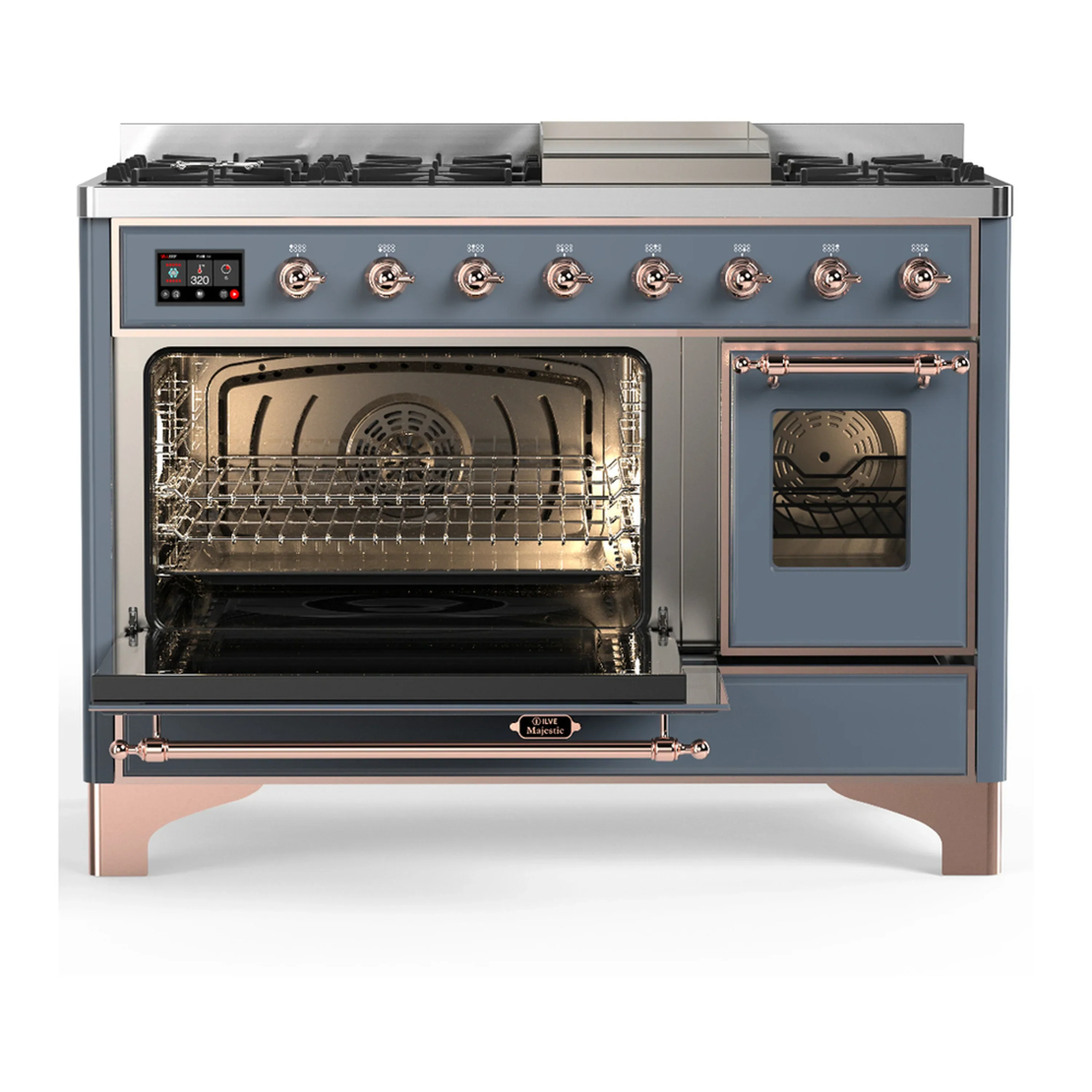 ILVE Majestic III 48-inch Dual Fuel Range with 5 Liquid Propane Burner, Griddle and Triple Glass Door Electric Oven in Blue Grey with Copper Trim (UM48FNR3BGPLP) - Image 5