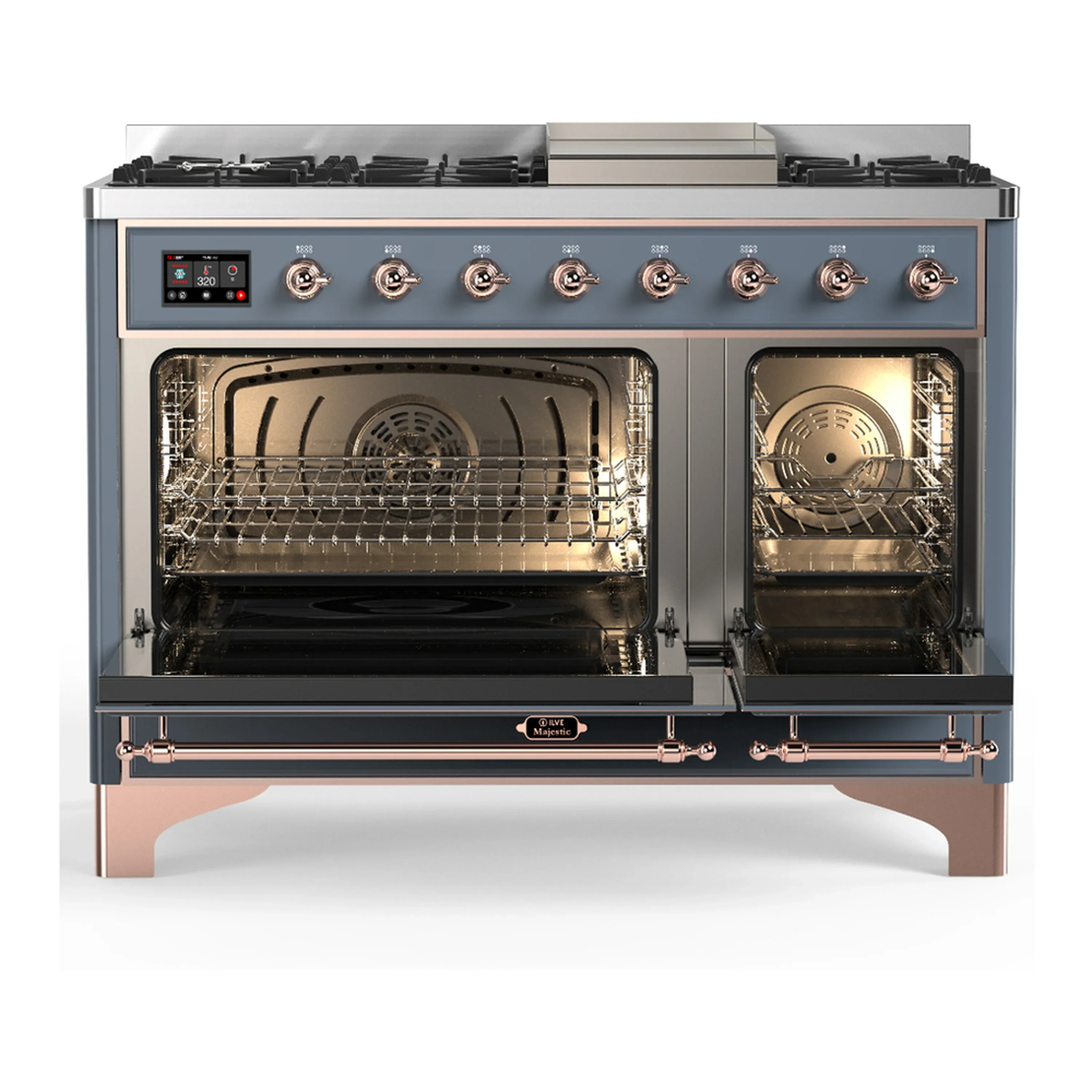 ILVE Majestic III 48-inch Dual Fuel Range with 5 Liquid Propane Burner, Griddle and Triple Glass Door Electric Oven in Blue Grey with Copper Trim (UM48FNR3BGPLP) - Image 6