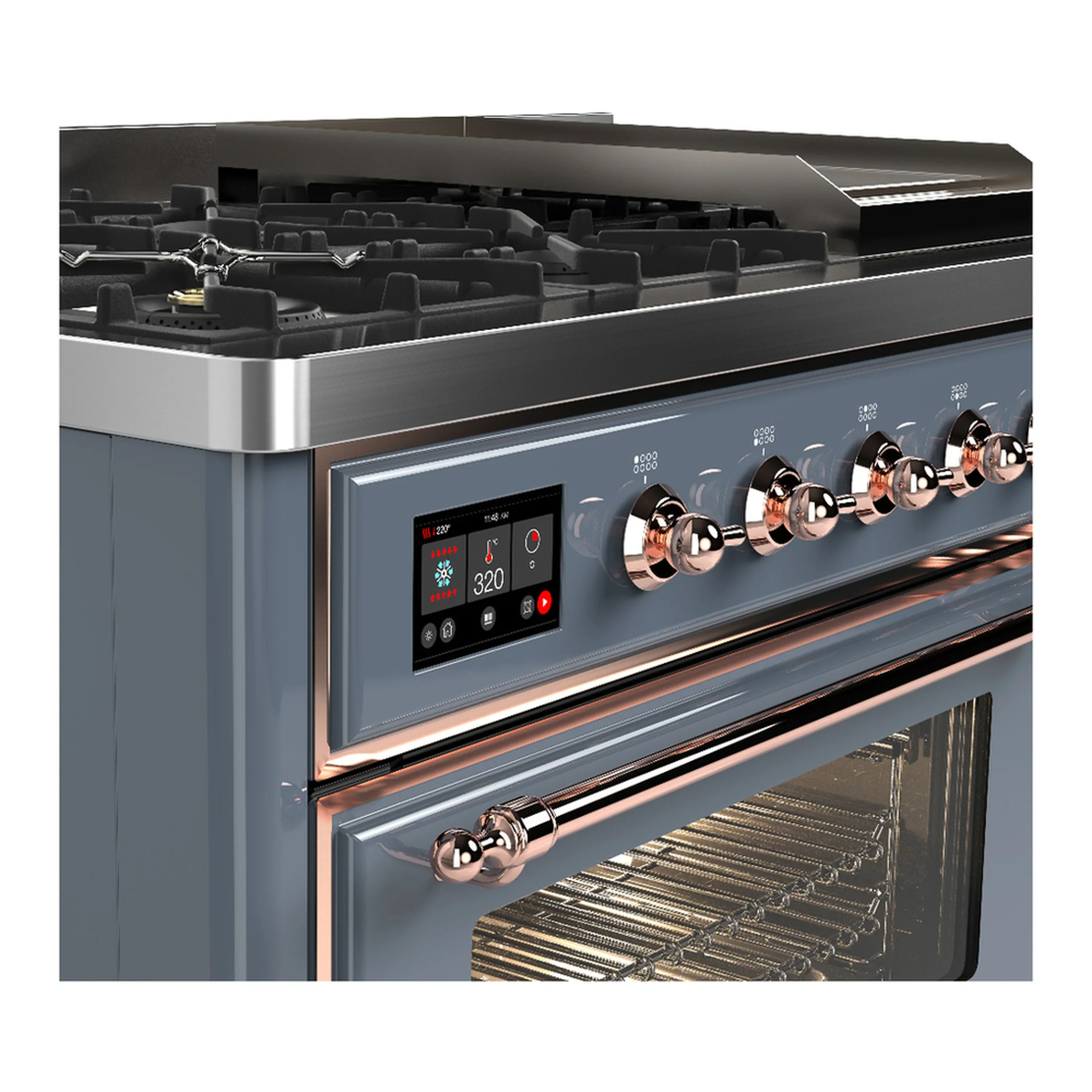ILVE Majestic III 48-inch Dual Fuel Range with 5 Liquid Propane Burner, Griddle and Triple Glass Door Electric Oven in Blue Grey with Copper Trim (UM48FNR3BGPLP) - Image 7