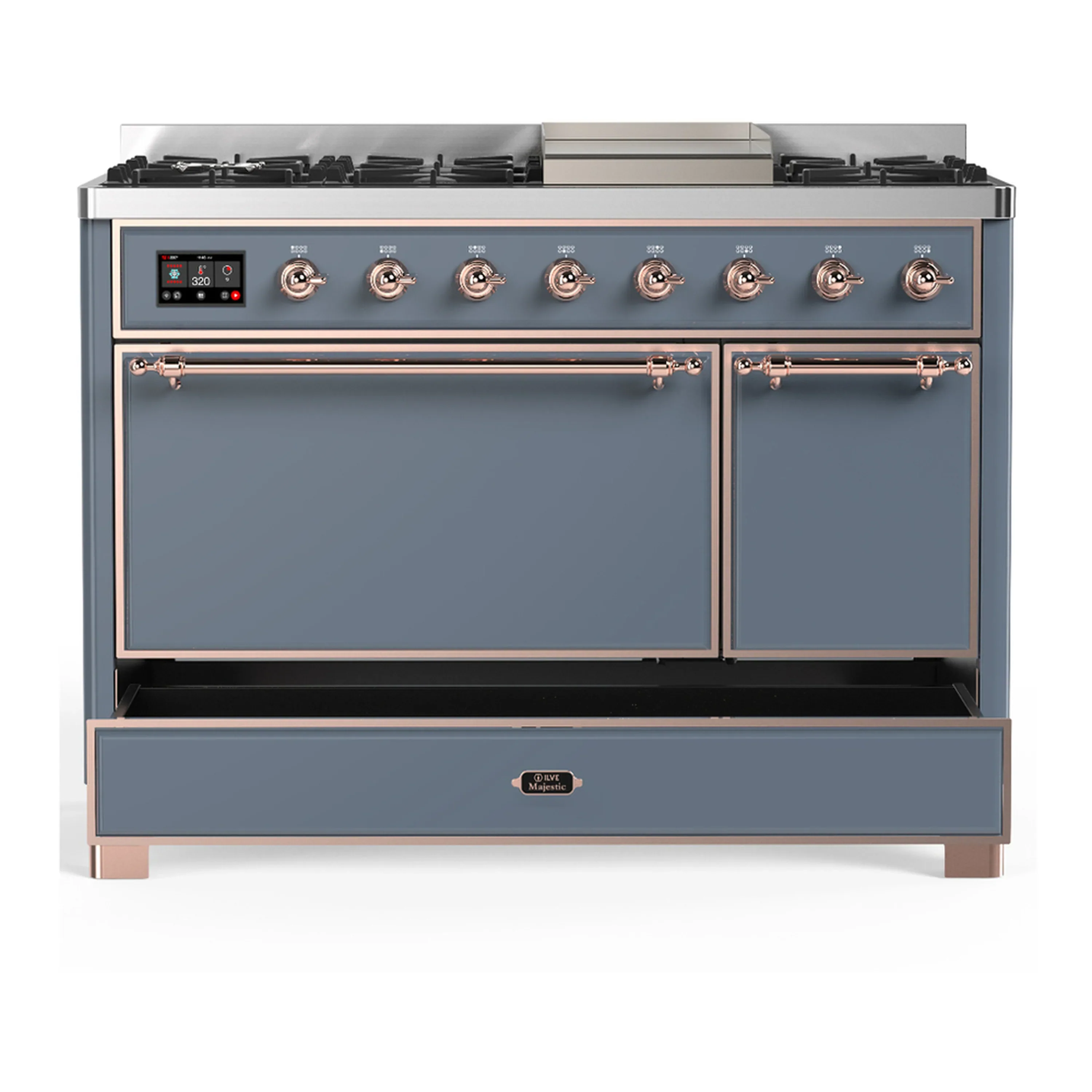 ILVE Majestic III 48-inch Dual Fuel Range with 5 Natural Gas Burner, Griddle and Solid Door Electric Oven in Blue Grey with Copper Trim (UM48FQNR3BGP) - Image 3