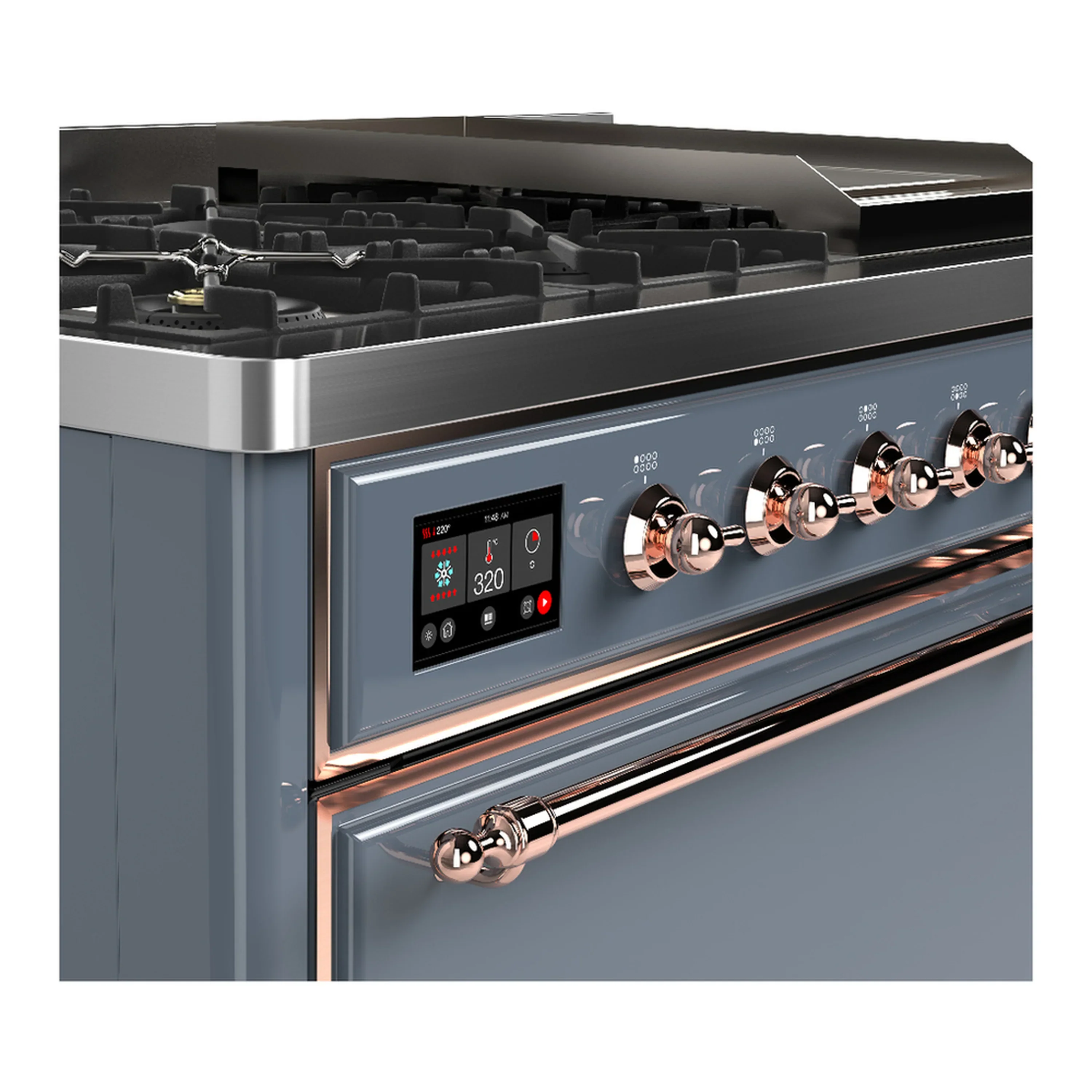 ILVE Majestic III 48-inch Dual Fuel Range with 5 Natural Gas Burner, Griddle and Solid Door Electric Oven in Blue Grey with Copper Trim (UM48FQNR3BGP) - Image 7