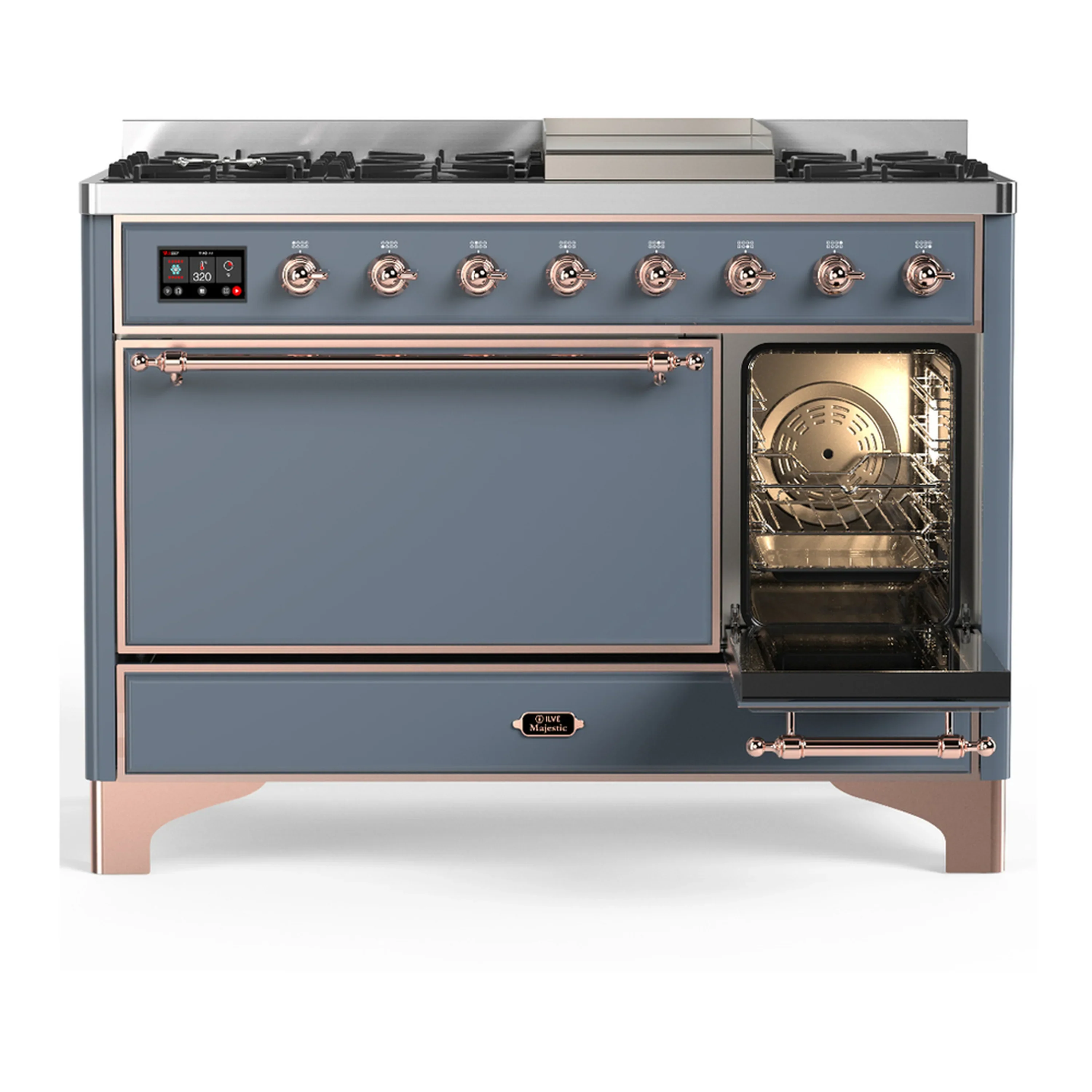 ILVE Majestic III 48-inch Dual Fuel Range with 5 Liquid Propane Burner, Griddle and Solid Door Electric Oven in Blue Grey with Copper Trim (UM48FQNR3BGPLP) - Image 4