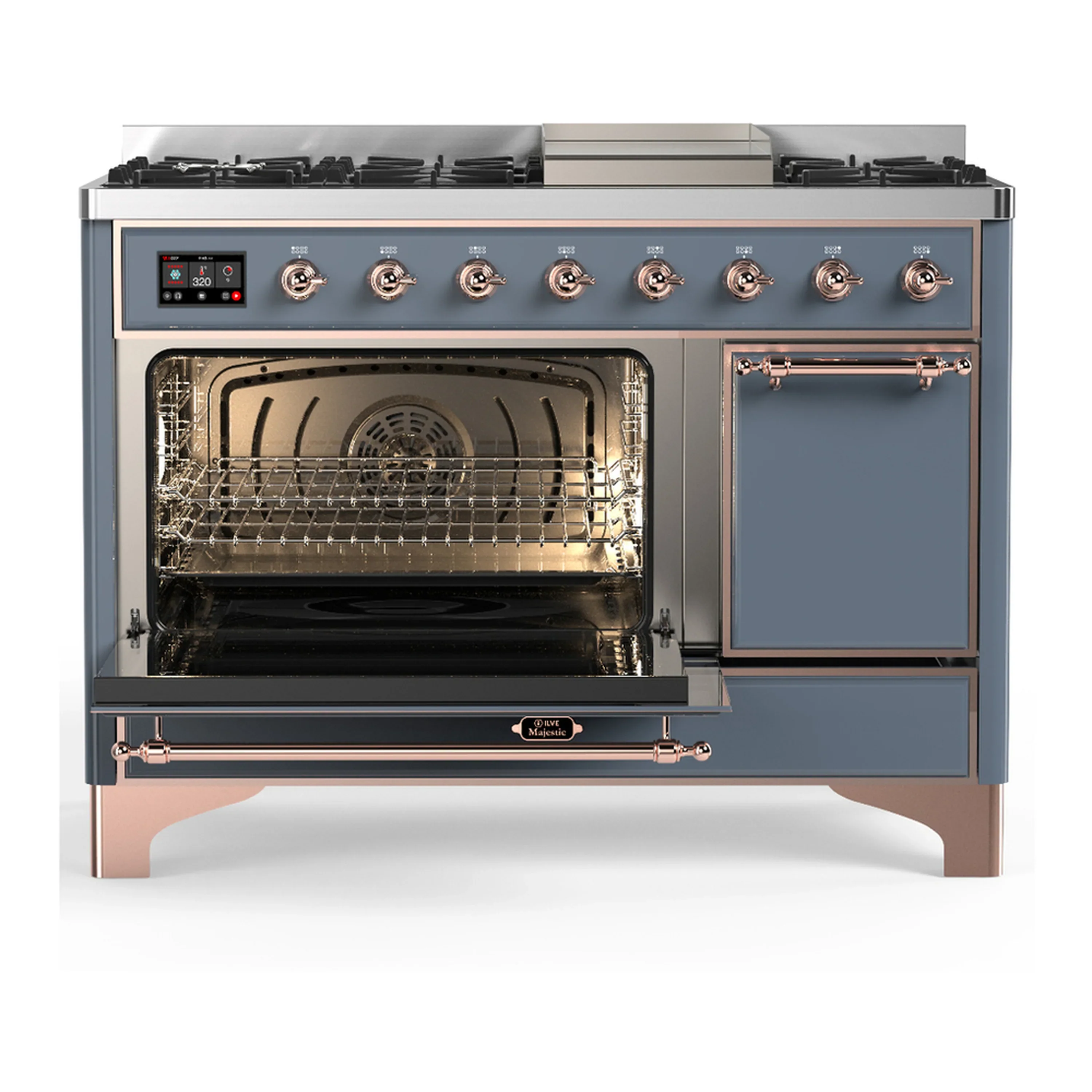 ILVE Majestic III 48-inch Dual Fuel Range with 5 Liquid Propane Burner, Griddle and Solid Door Electric Oven in Blue Grey with Copper Trim (UM48FQNR3BGPLP) - Image 5