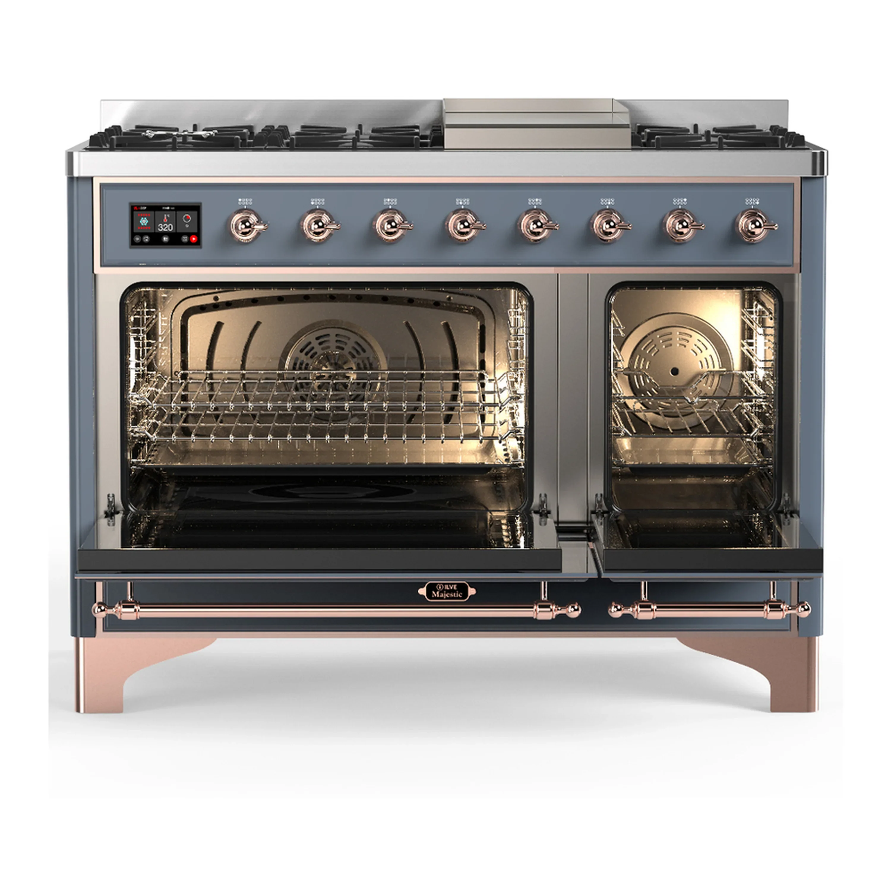 ILVE Majestic III 48-inch Dual Fuel Range with 5 Liquid Propane Burner, Griddle and Solid Door Electric Oven in Blue Grey with Copper Trim (UM48FQNR3BGPLP) - Image 6