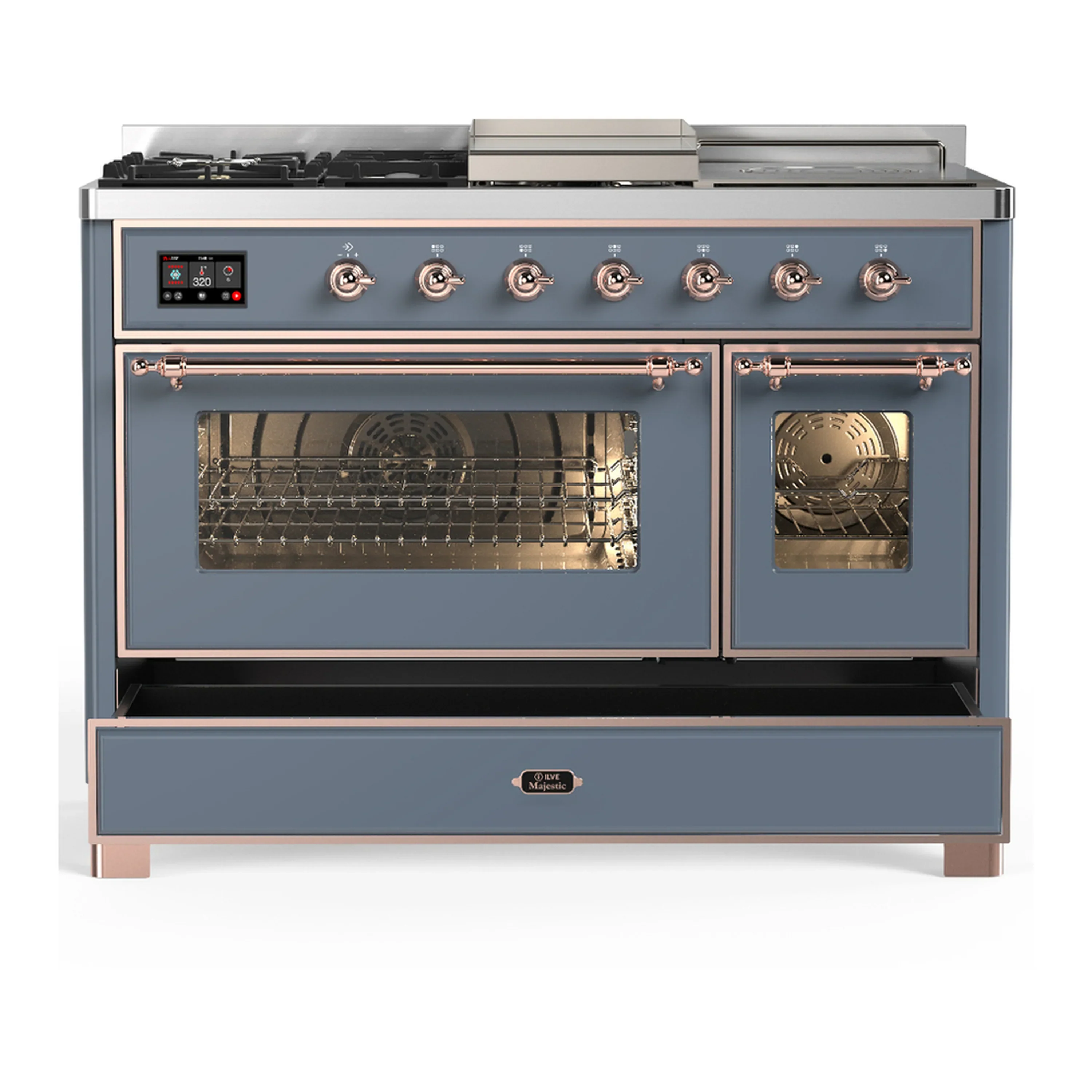 ILVE Majestic III 48-inch Dual Fuel Range with 5 Natural Gas Burner, Griddle, French Top and Triple Glass Door Electric Oven in Blue Grey with Copper Trim (UM48FSNR3BGP) - Image 3