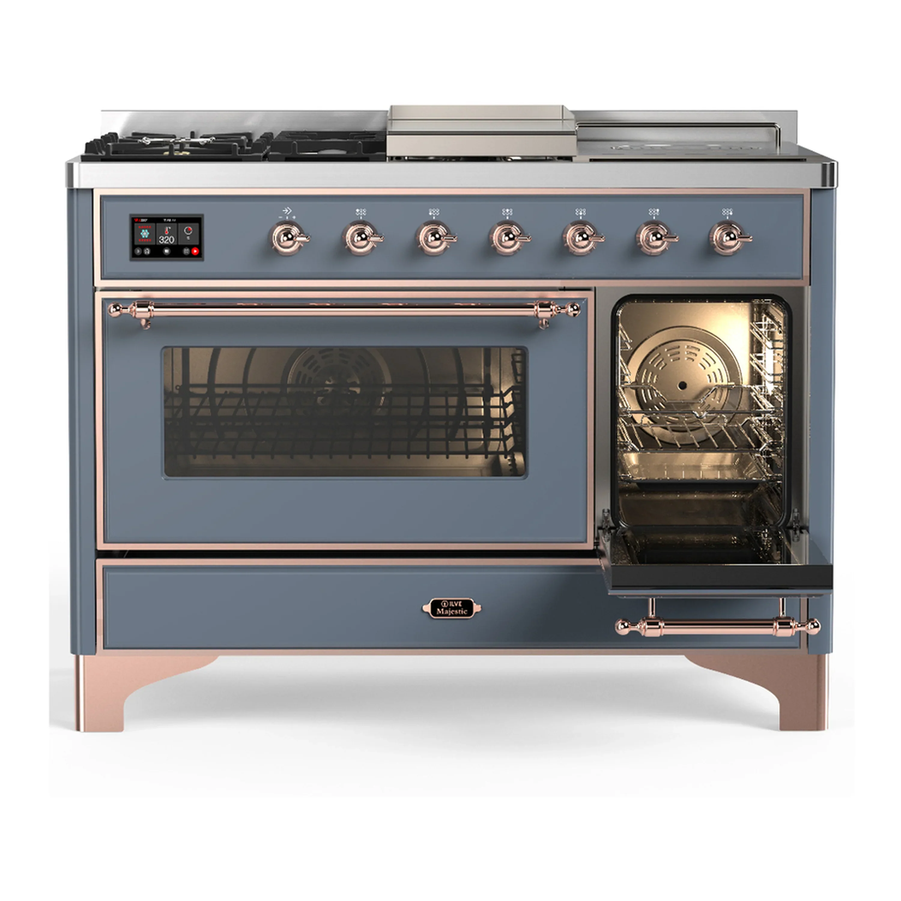 ILVE Majestic III 48-inch Dual Fuel Range with 5 Natural Gas Burner, Griddle, French Top and Triple Glass Door Electric Oven in Blue Grey with Copper Trim (UM48FSNR3BGP) - Image 4