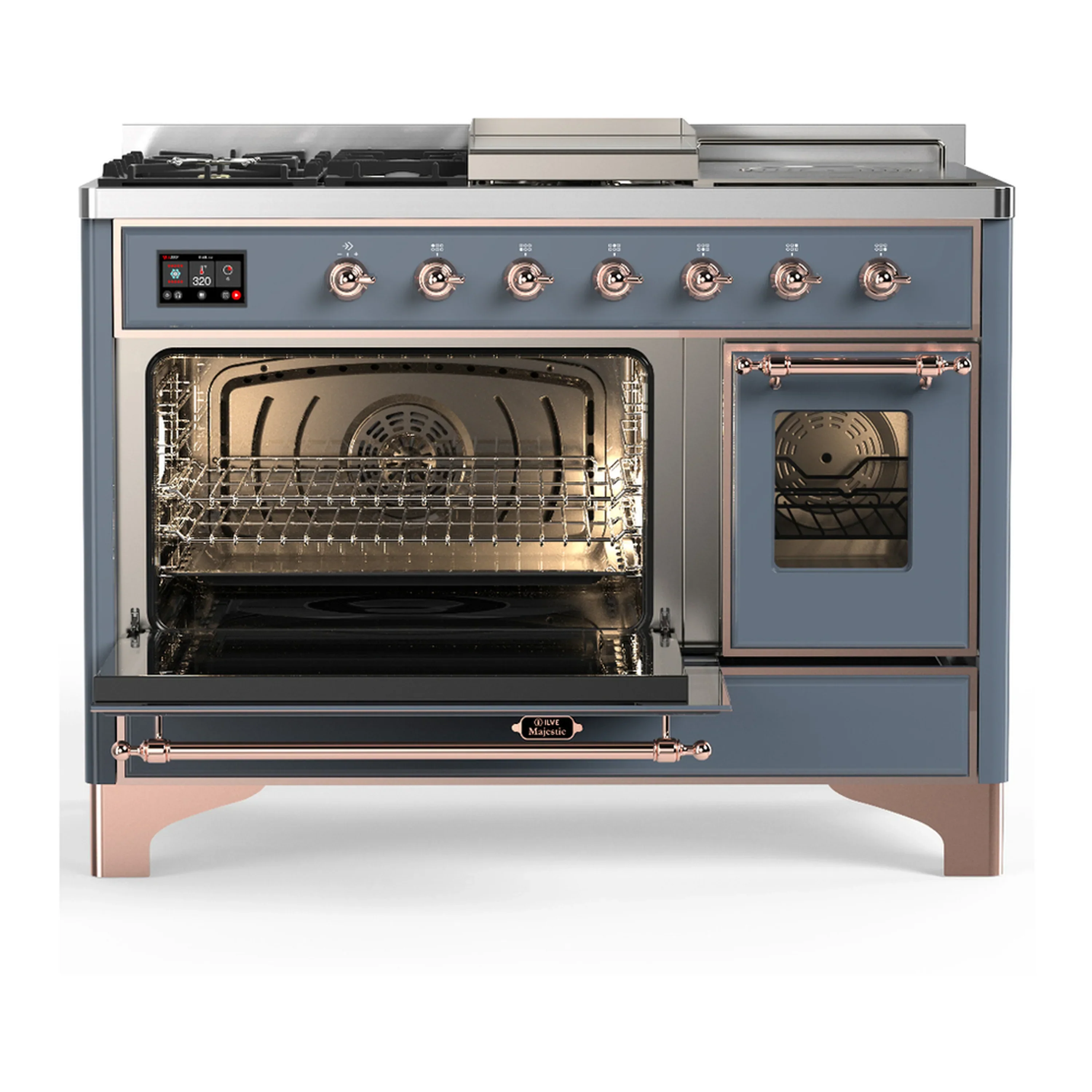 ILVE Majestic III 48-inch Dual Fuel Range with 5 Natural Gas Burner, Griddle, French Top and Triple Glass Door Electric Oven in Blue Grey with Copper Trim (UM48FSNR3BGP) - Image 5