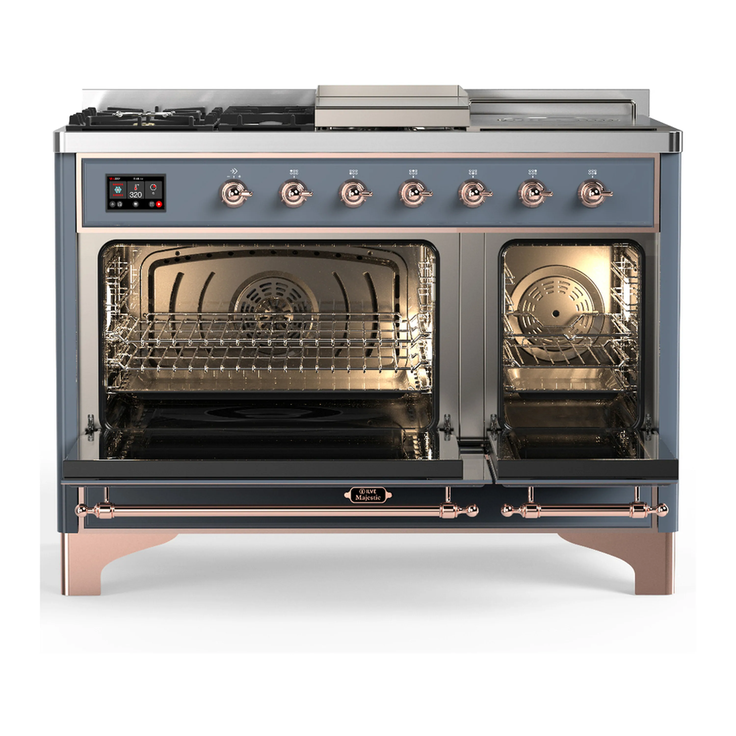 ILVE Majestic III 48-inch Dual Fuel Range with 5 Natural Gas Burner, Griddle, French Top and Triple Glass Door Electric Oven in Blue Grey with Copper Trim (UM48FSNR3BGP) - Image 6