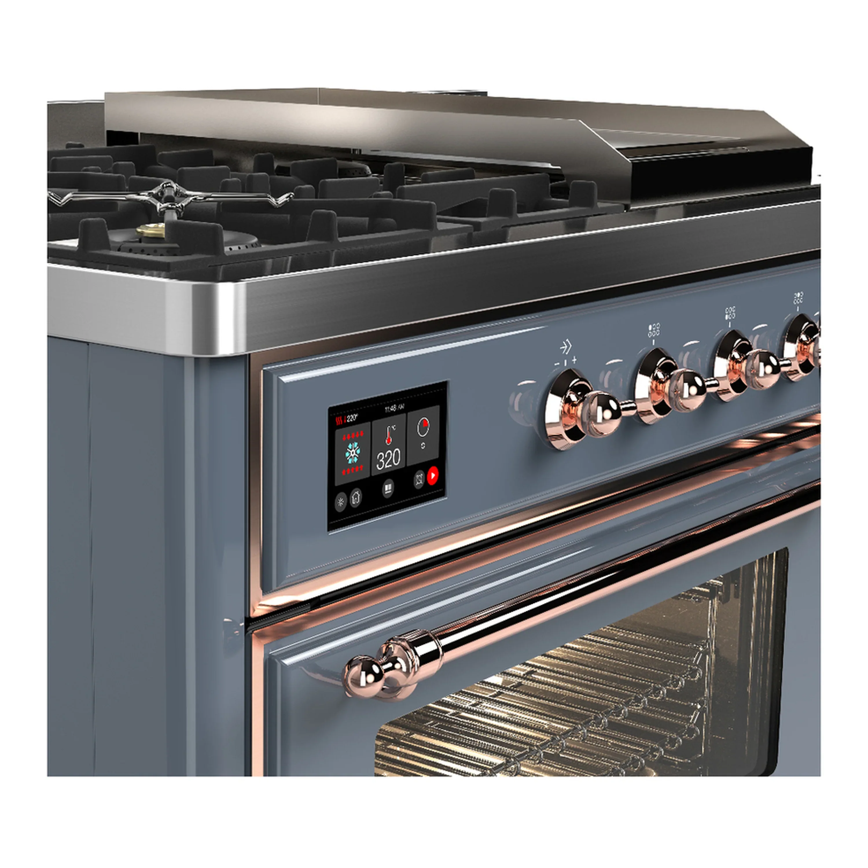 ILVE Majestic III 48-inch Dual Fuel Range with 5 Natural Gas Burner, Griddle, French Top and Triple Glass Door Electric Oven in Blue Grey with Copper Trim (UM48FSNR3BGP) - Image 7