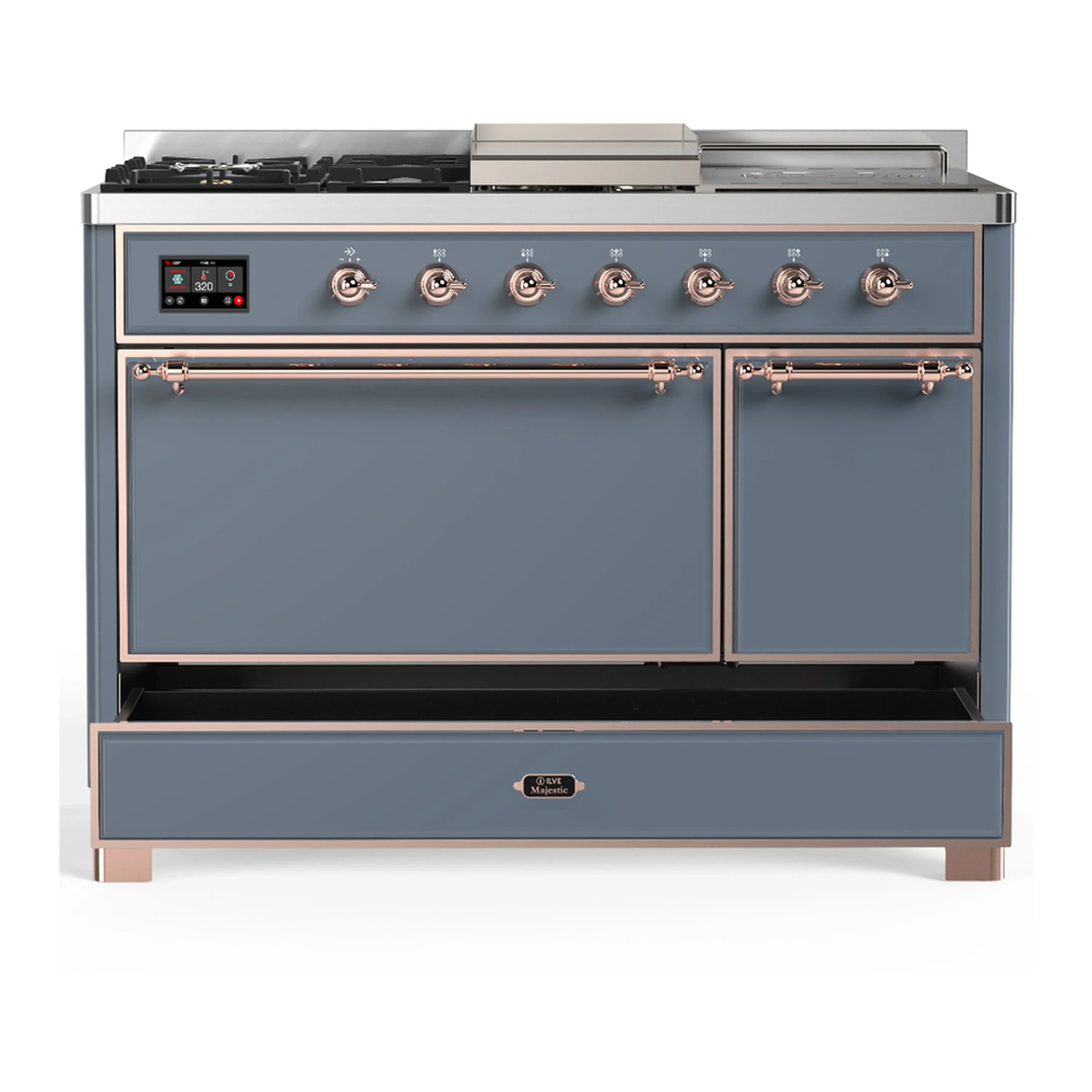 ILVE Majestic III 48-inch Dual Fuel Range with 5 Natural Gas Burner, Griddle, French Top and Solid Door Electric Oven in Blue Grey with Copper Trim (UM48FSQNR3BGP) - Image 3