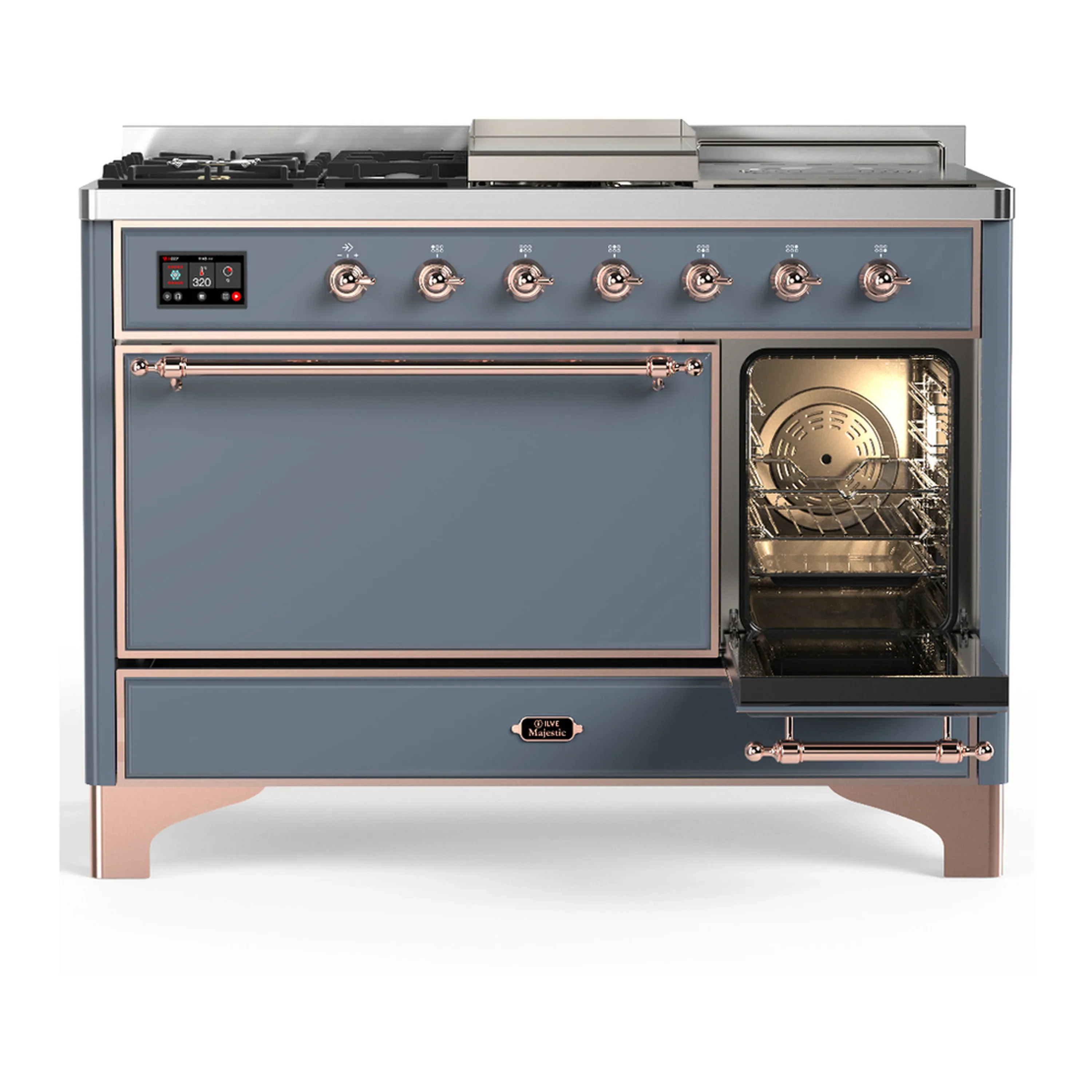 ILVE Majestic III 48-inch Dual Fuel Range with 5 Natural Gas Burner, Griddle, French Top and Solid Door Electric Oven in Blue Grey with Copper Trim (UM48FSQNR3BGP) - Image 4