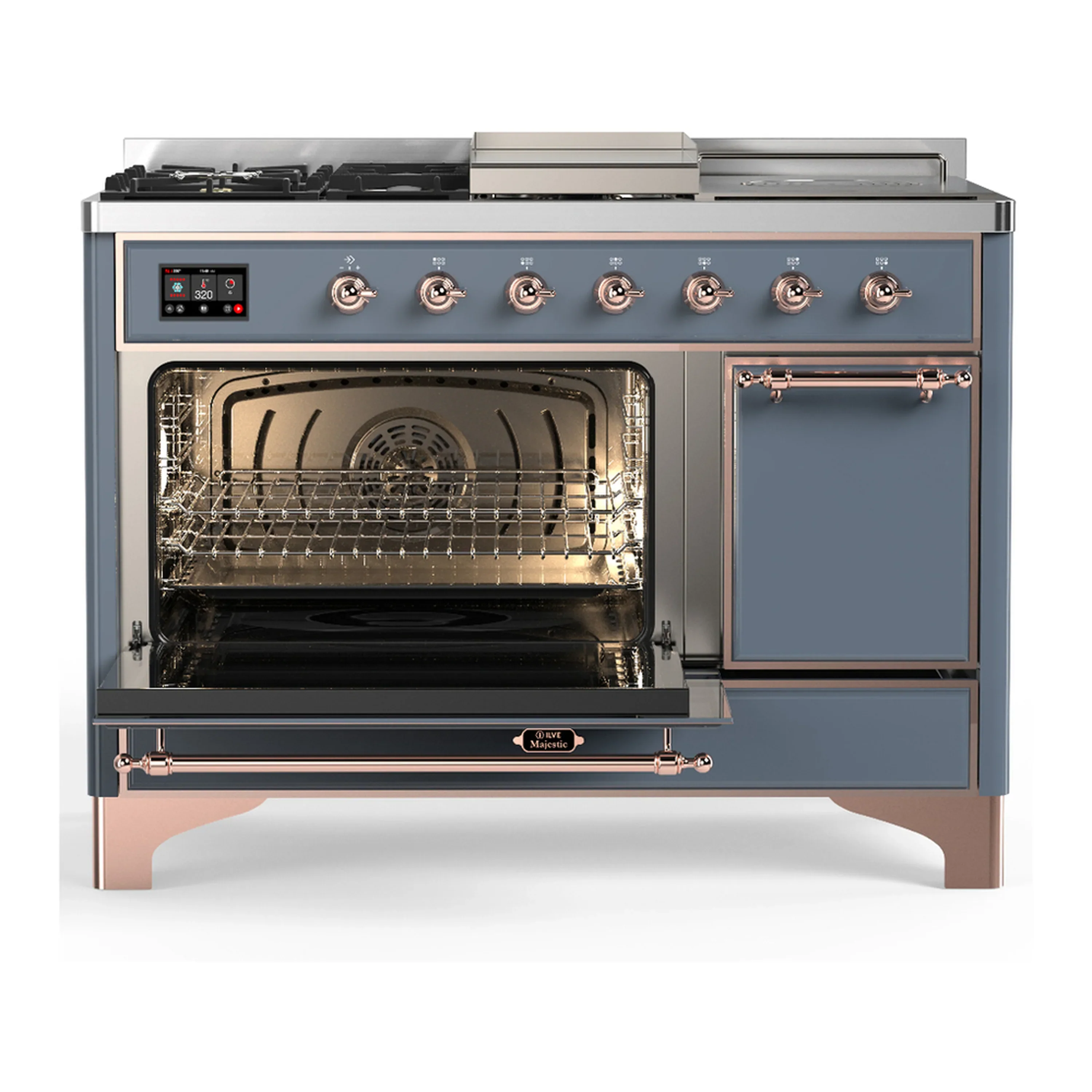 ILVE Majestic III 48-inch Dual Fuel Range with 5 Natural Gas Burner, Griddle, French Top and Solid Door Electric Oven in Blue Grey with Copper Trim (UM48FSQNR3BGP) - Image 5