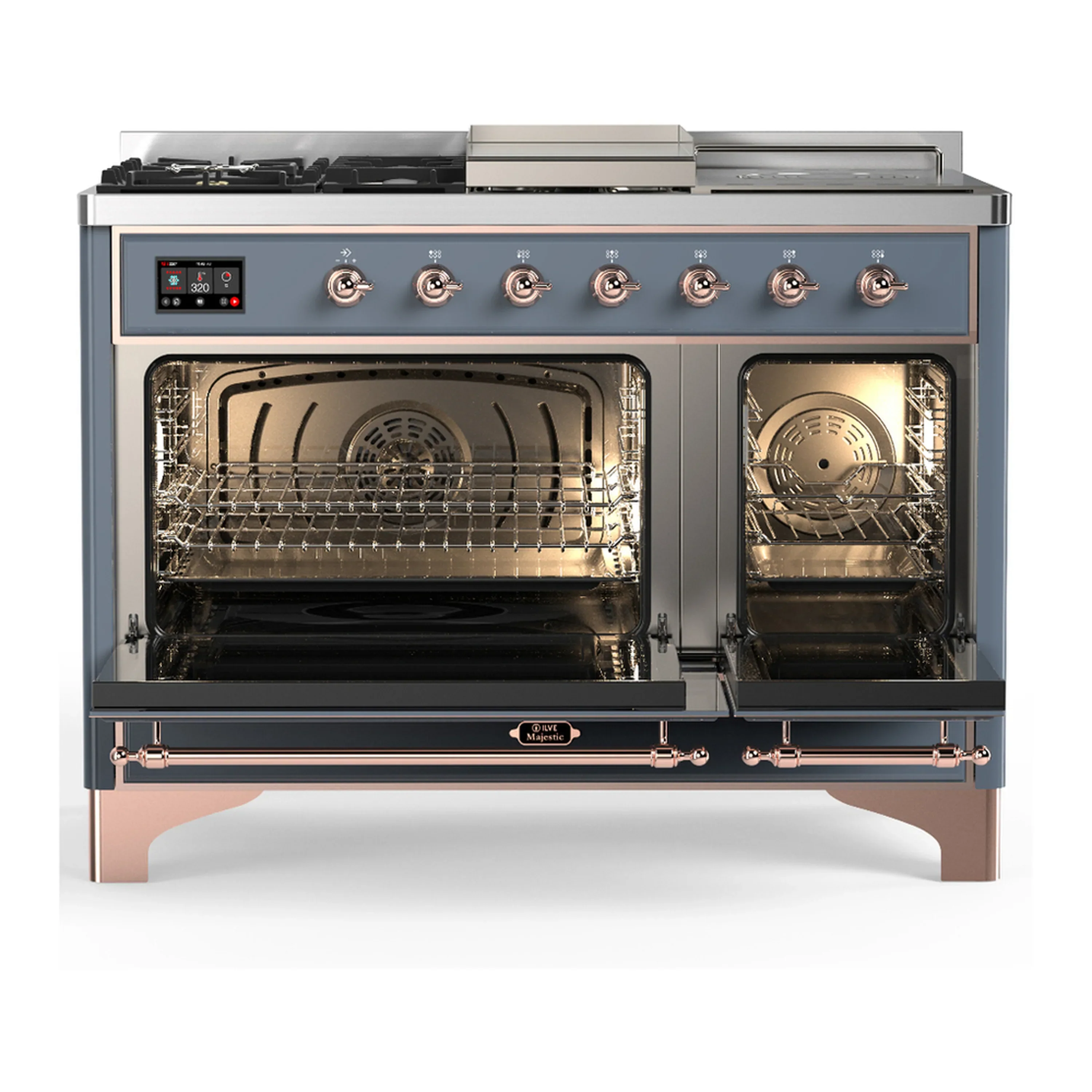 ILVE Majestic III 48-inch Dual Fuel Range with 5 Natural Gas Burner, Griddle, French Top and Solid Door Electric Oven in Blue Grey with Copper Trim (UM48FSQNR3BGP) - Image 6