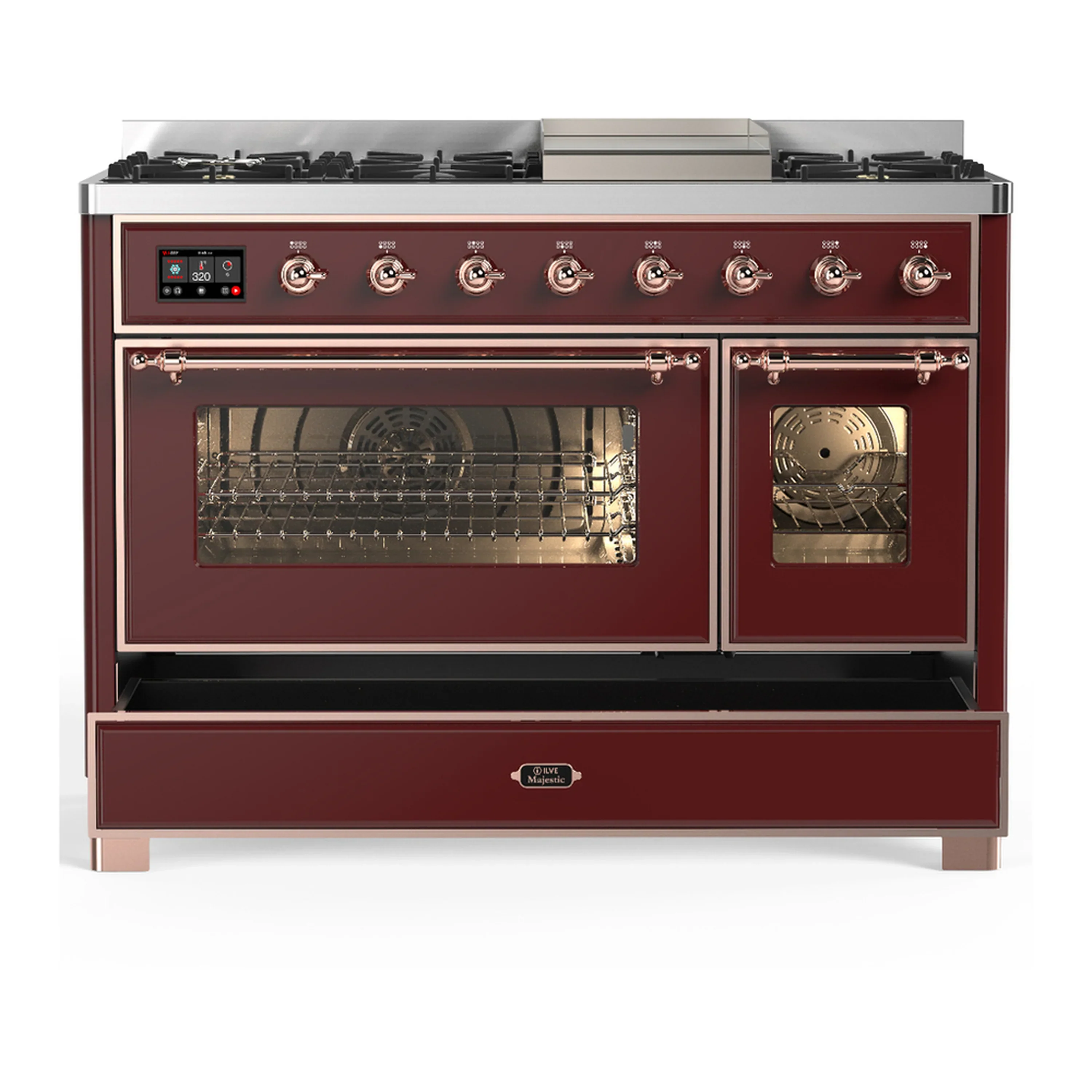 ILVE Majestic III 48-inch Dual Fuel Range with 5 Liquid Propane Burner, Griddle and Triple Glass Door Electric Oven in Burgundy with Copper Trim (UM48FNR3BUPLP) - Image 3