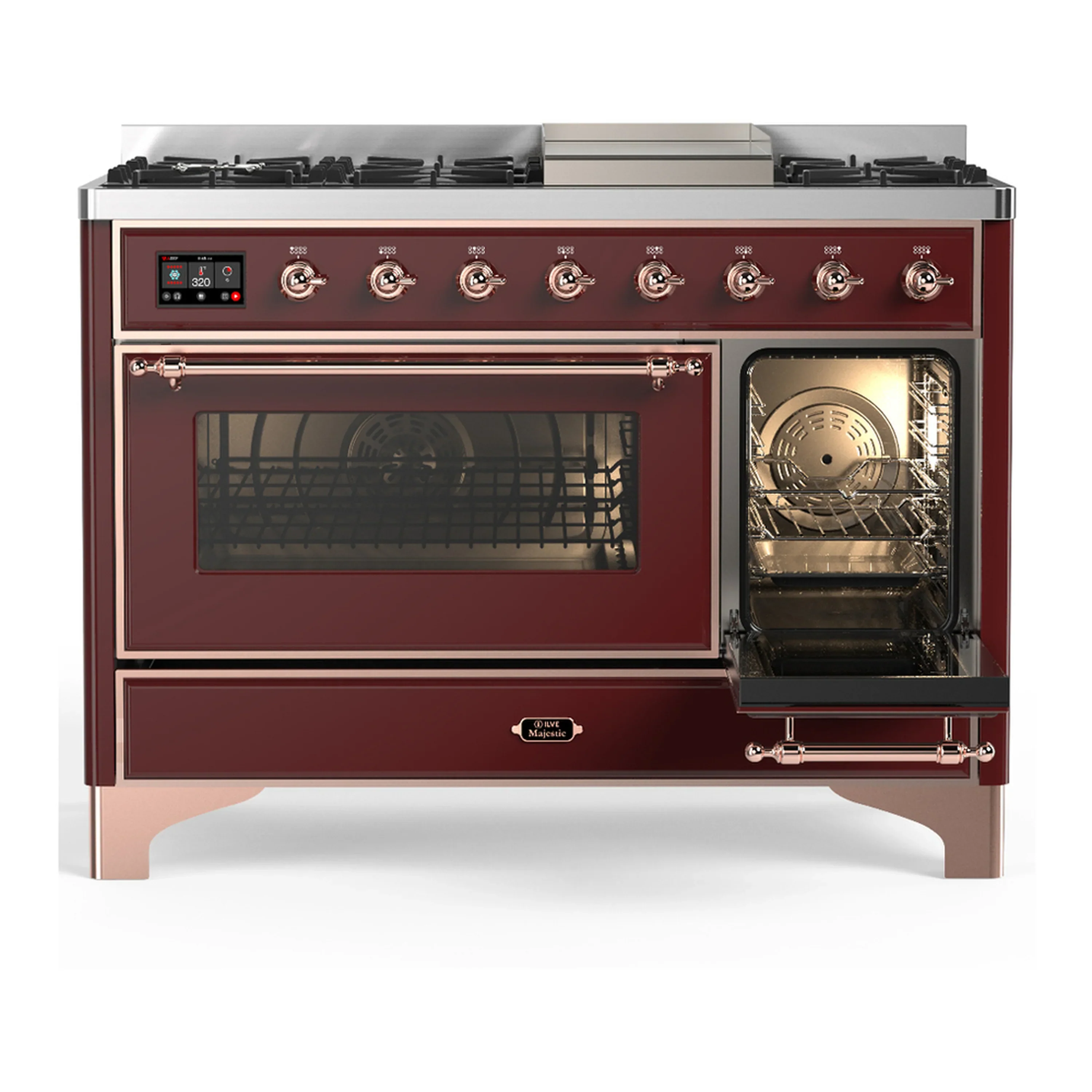 ILVE Majestic III 48-inch Dual Fuel Range with 5 Liquid Propane Burner, Griddle and Triple Glass Door Electric Oven in Burgundy with Copper Trim (UM48FNR3BUPLP) - Image 4