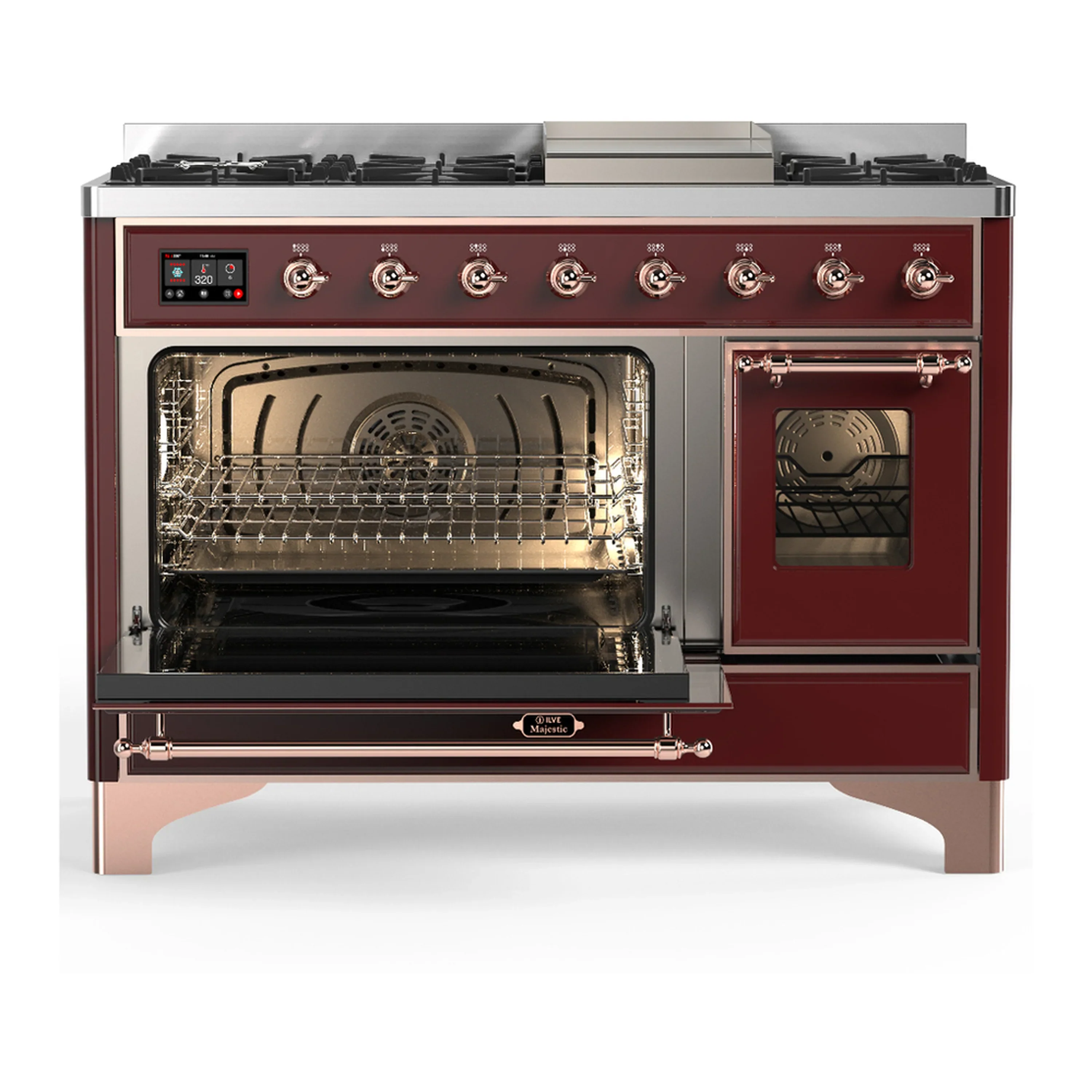 ILVE Majestic III 48-inch Dual Fuel Range with 5 Liquid Propane Burner, Griddle and Triple Glass Door Electric Oven in Burgundy with Copper Trim (UM48FNR3BUPLP) - Image 5
