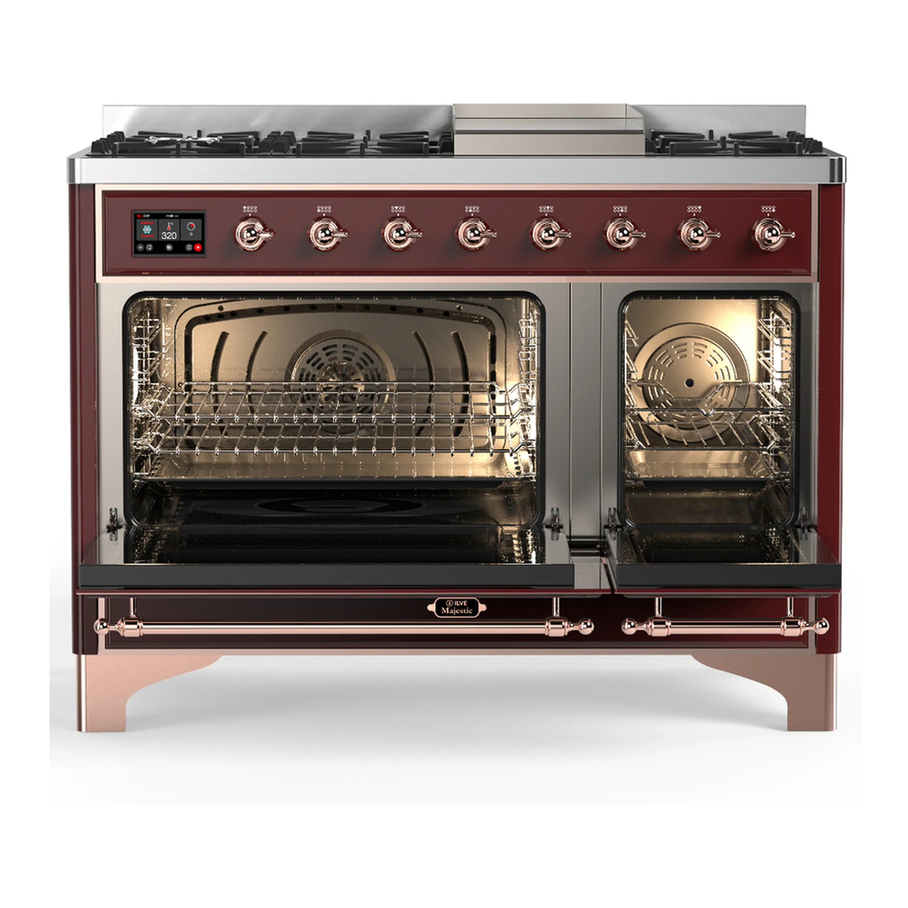 ILVE Majestic III 48-inch Dual Fuel Range with 5 Liquid Propane Burner, Griddle and Triple Glass Door Electric Oven in Burgundy with Copper Trim (UM48FNR3BUPLP) - Image 6