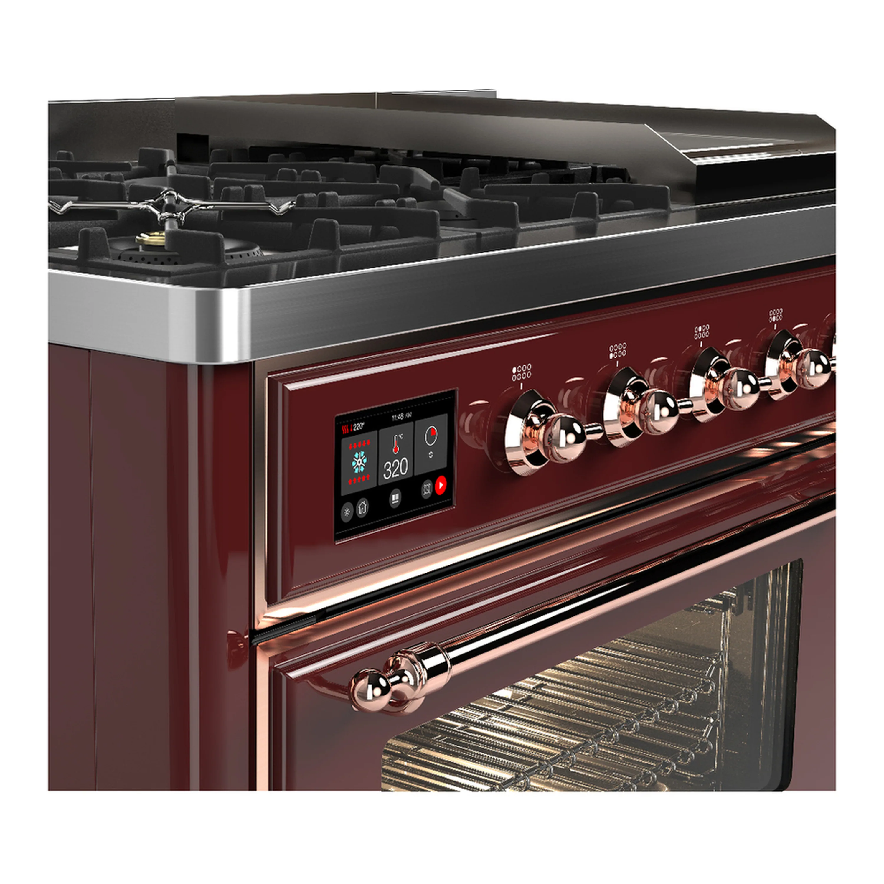 ILVE Majestic III 48-inch Dual Fuel Range with 5 Liquid Propane Burner, Griddle and Triple Glass Door Electric Oven in Burgundy with Copper Trim (UM48FNR3BUPLP) - Image 7