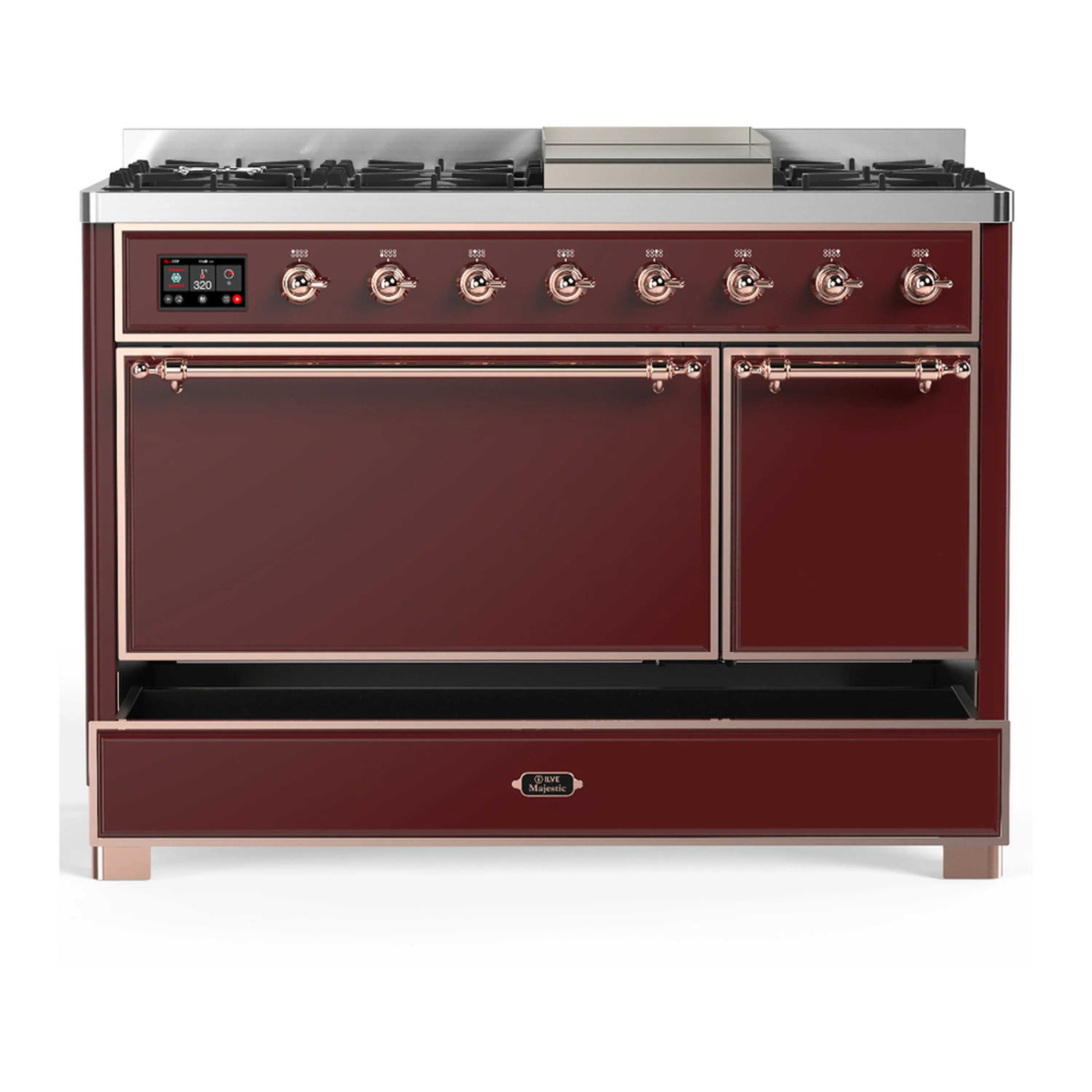ILVE Majestic III 48-inch Dual Fuel Range with 5 Natural Gas Burner, Griddle and Solid Door Electric Oven in Burgundy with Copper Trim (UM48FQNR3BUP) - Image 3