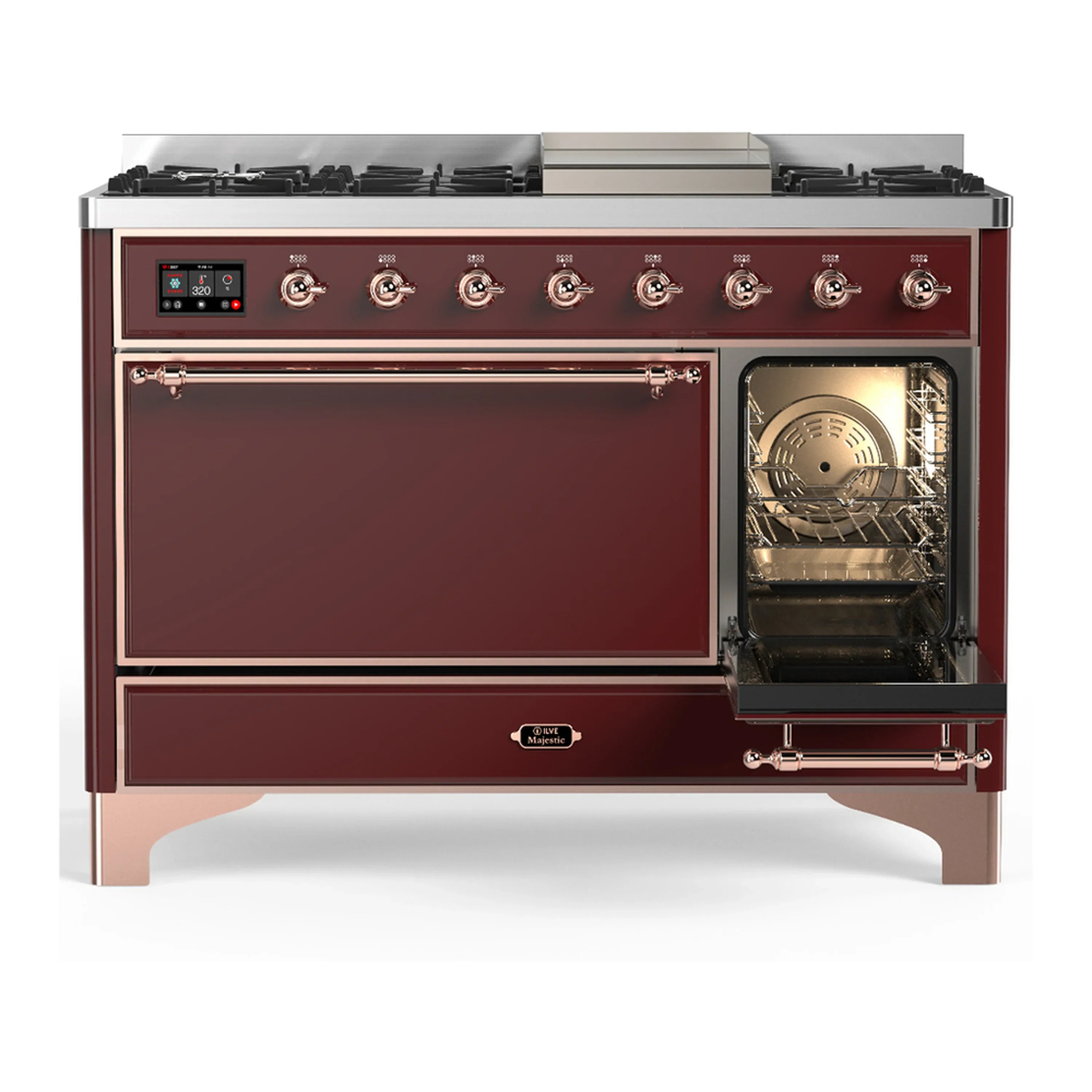 ILVE Majestic III 48-inch Dual Fuel Range with 5 Natural Gas Burner, Griddle and Solid Door Electric Oven in Burgundy with Copper Trim (UM48FQNR3BUP) - Image 4
