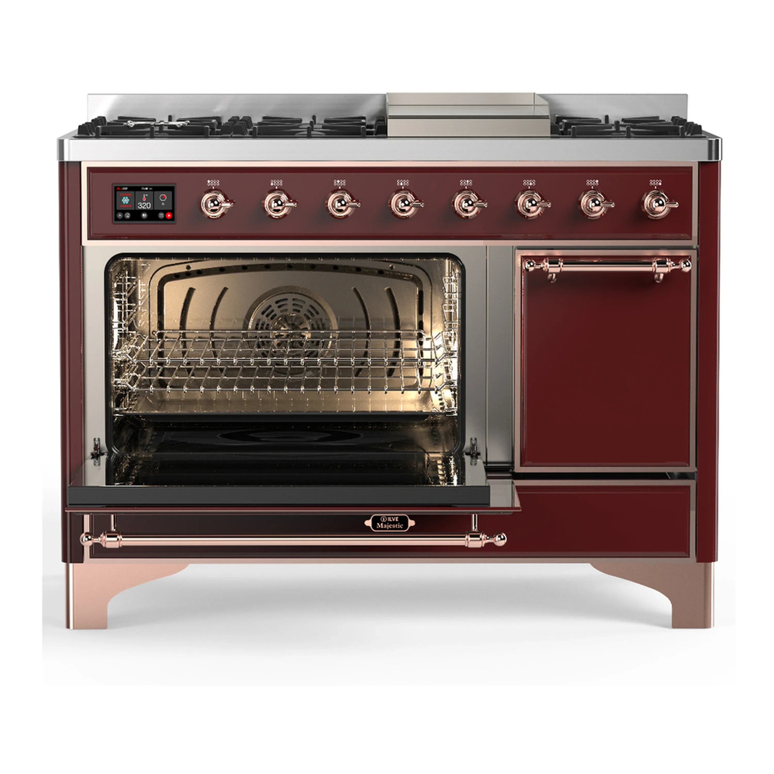 ILVE Majestic III 48-inch Dual Fuel Range with 5 Natural Gas Burner, Griddle and Solid Door Electric Oven in Burgundy with Copper Trim (UM48FQNR3BUP) - Image 5