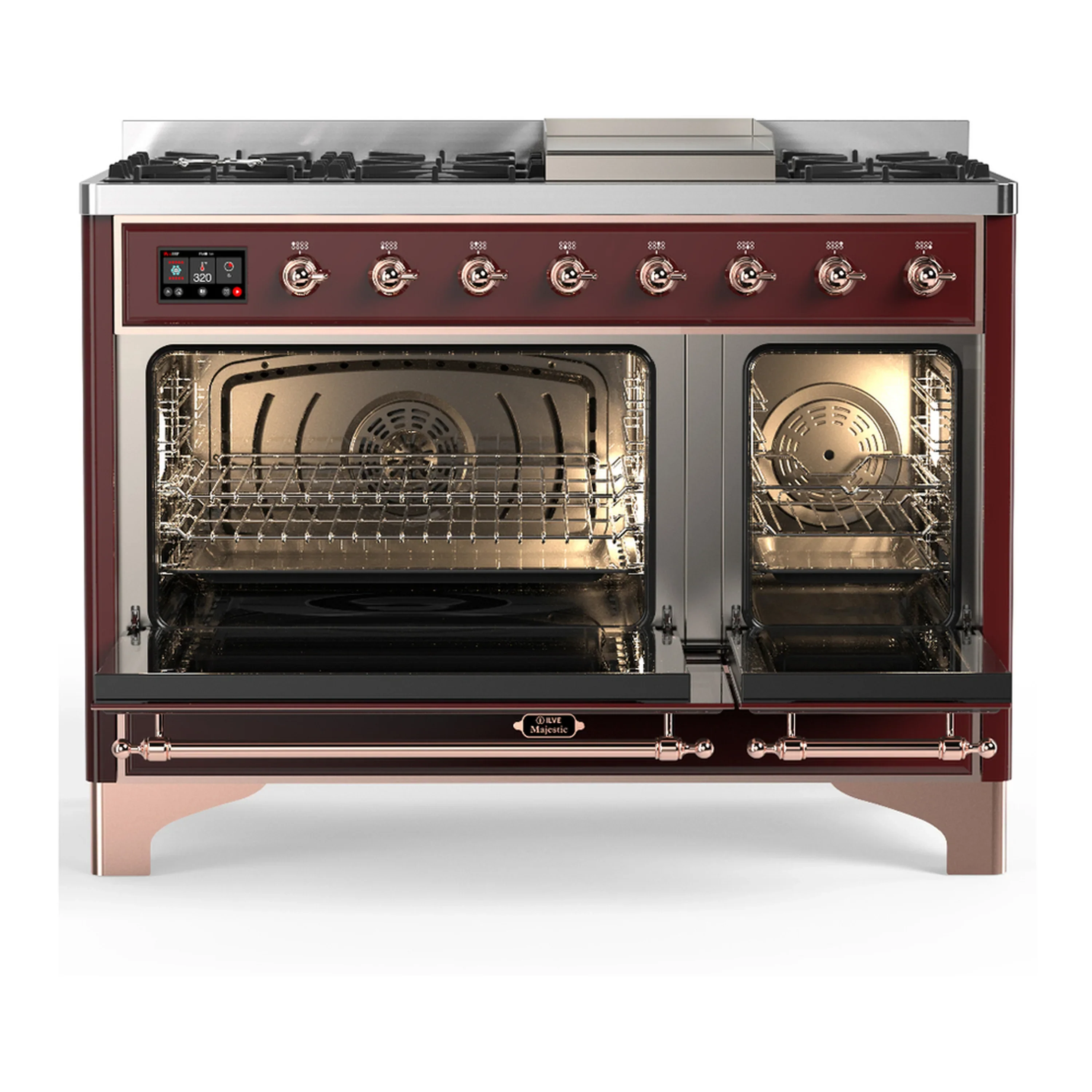 ILVE Majestic III 48-inch Dual Fuel Range with 5 Natural Gas Burner, Griddle and Solid Door Electric Oven in Burgundy with Copper Trim (UM48FQNR3BUP) - Image 6