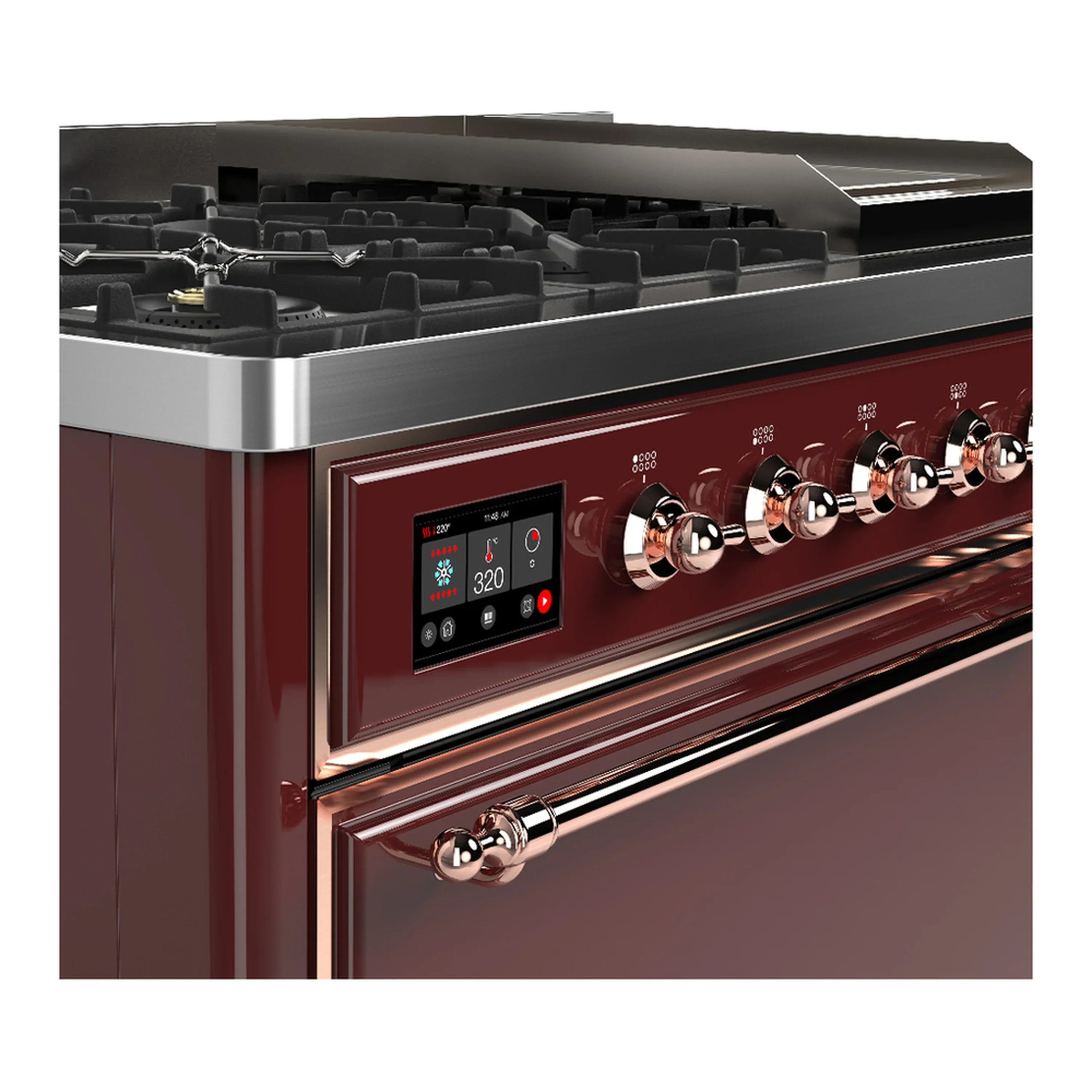 ILVE Majestic III 48-inch Dual Fuel Range with 5 Natural Gas Burner, Griddle and Solid Door Electric Oven in Burgundy with Copper Trim (UM48FQNR3BUP) - Image 7