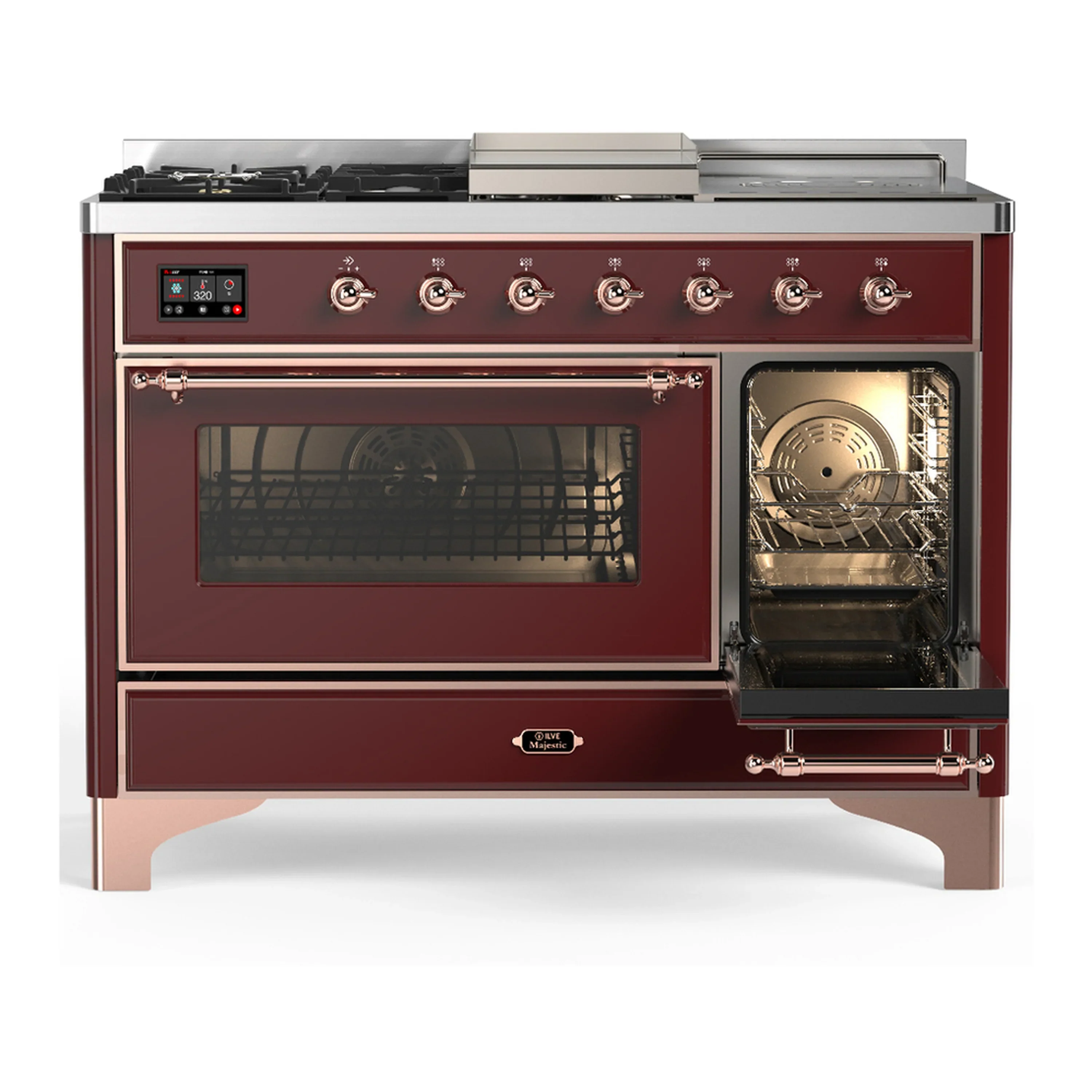 ILVE Majestic III 48-inch Dual Fuel Range with 5 Natural Gas Burner, Griddle, French Top and Triple Glass Door Electric Oven in Burgundy with Copper Trim (UM48FSNR3BUP) - Image 4