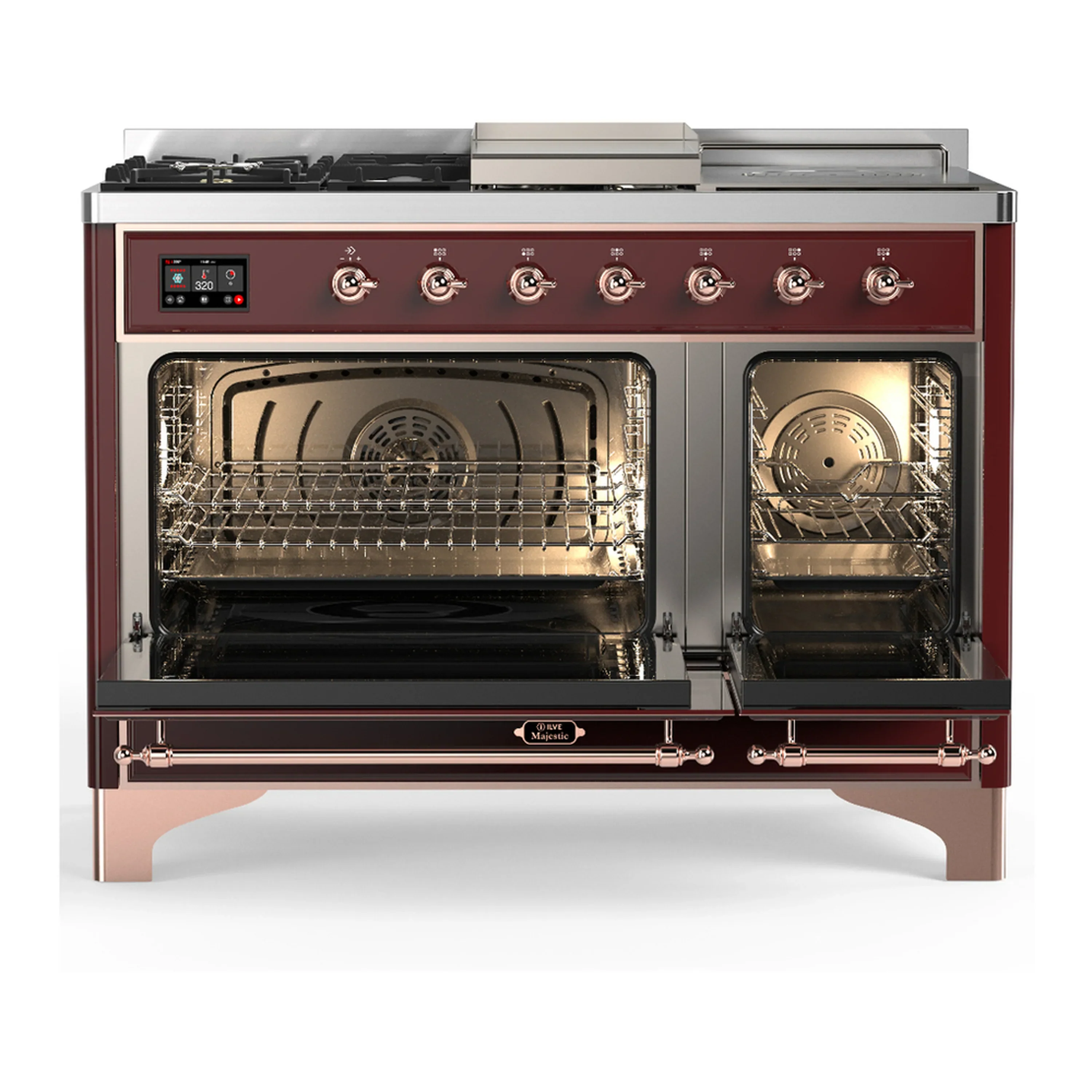 ILVE Majestic III 48-inch Dual Fuel Range with 5 Natural Gas Burner, Griddle, French Top and Triple Glass Door Electric Oven in Burgundy with Copper Trim (UM48FSNR3BUP) - Image 6