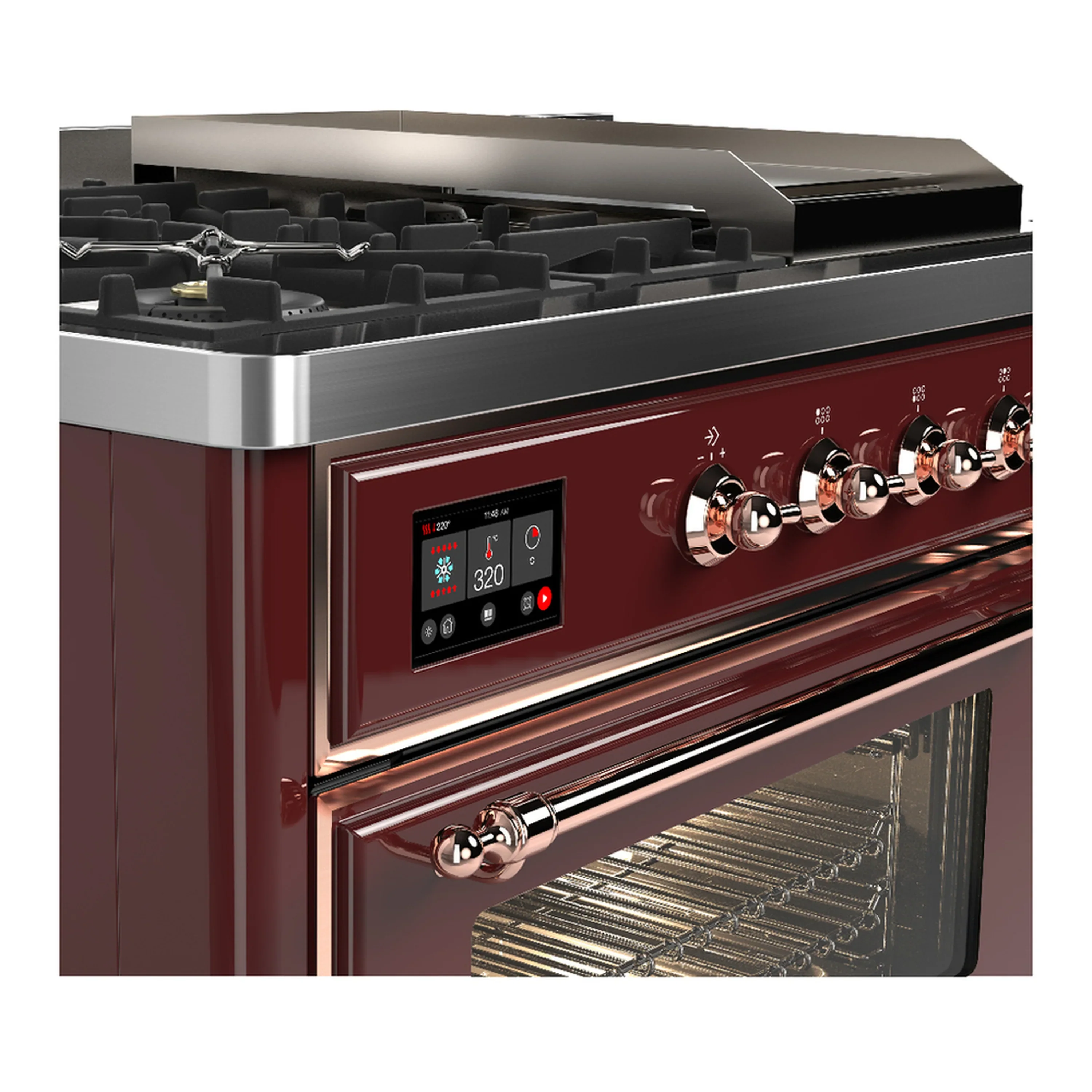 ILVE Majestic III 48-inch Dual Fuel Range with 5 Natural Gas Burner, Griddle, French Top and Triple Glass Door Electric Oven in Burgundy with Copper Trim (UM48FSNR3BUP) - Image 7