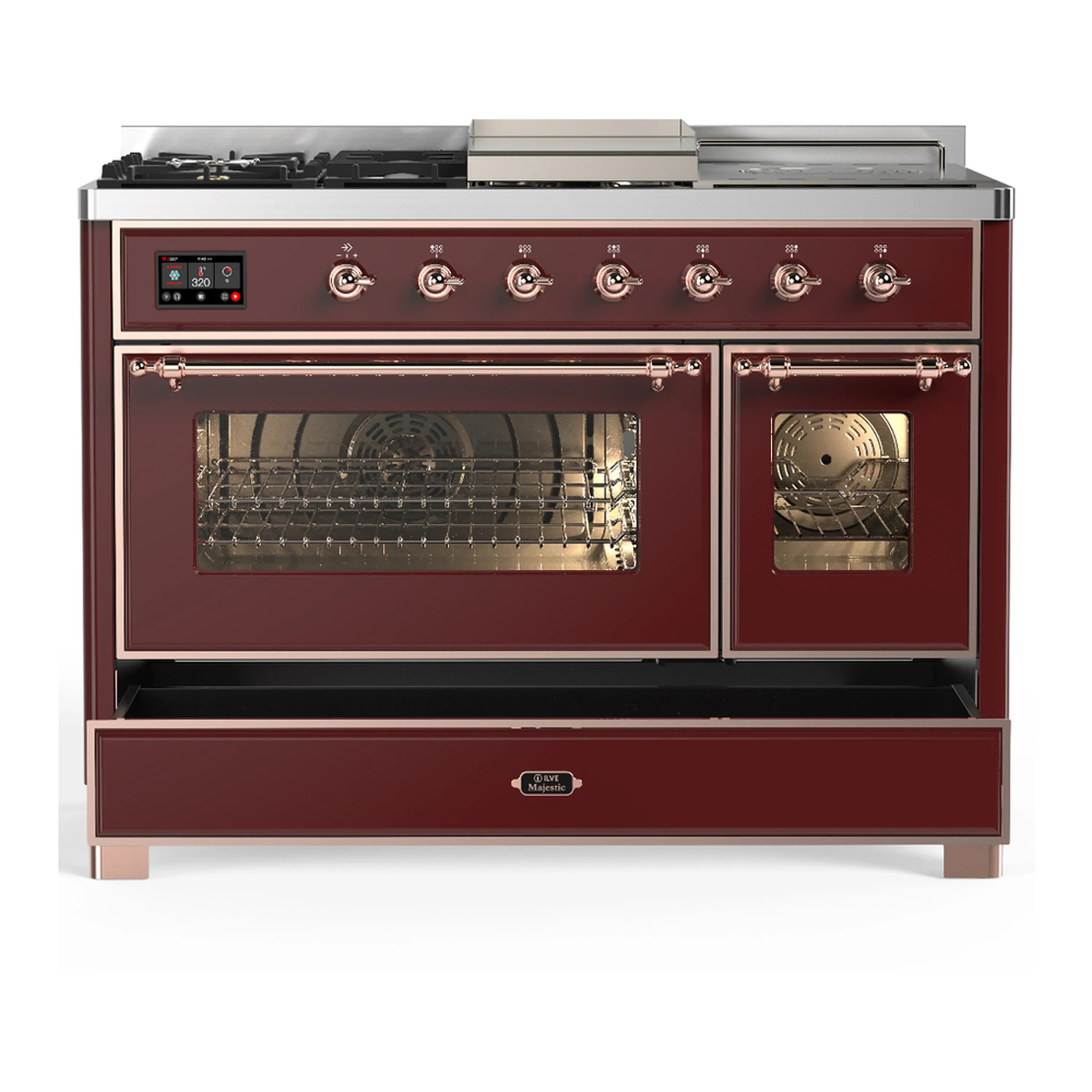 ILVE Majestic III 48-inch Dual Fuel Range with 5 Liquid Propane Burner, Griddle, French Top and Triple Glass Door Electric Oven in Burgundy with Copper Trim (UM48FSNR3BUPLP) - Image 3