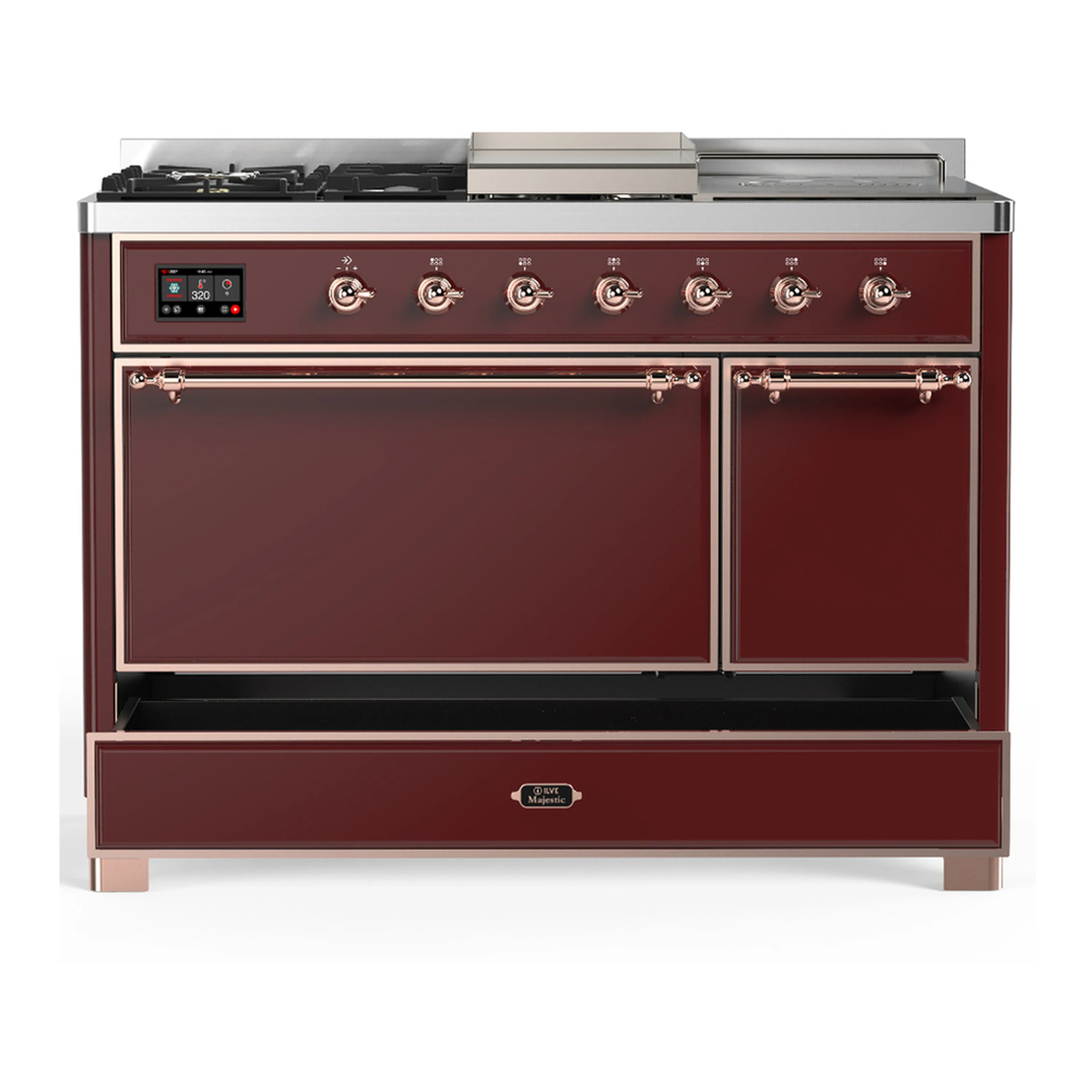 ILVE Majestic III 48-inch Dual Fuel Range with 5 Natural Gas Burner, Griddle, French Top and Solid Door Electric Oven in Burgundy with Copper Trim (UM48FSQNR3BUP) - Image 3