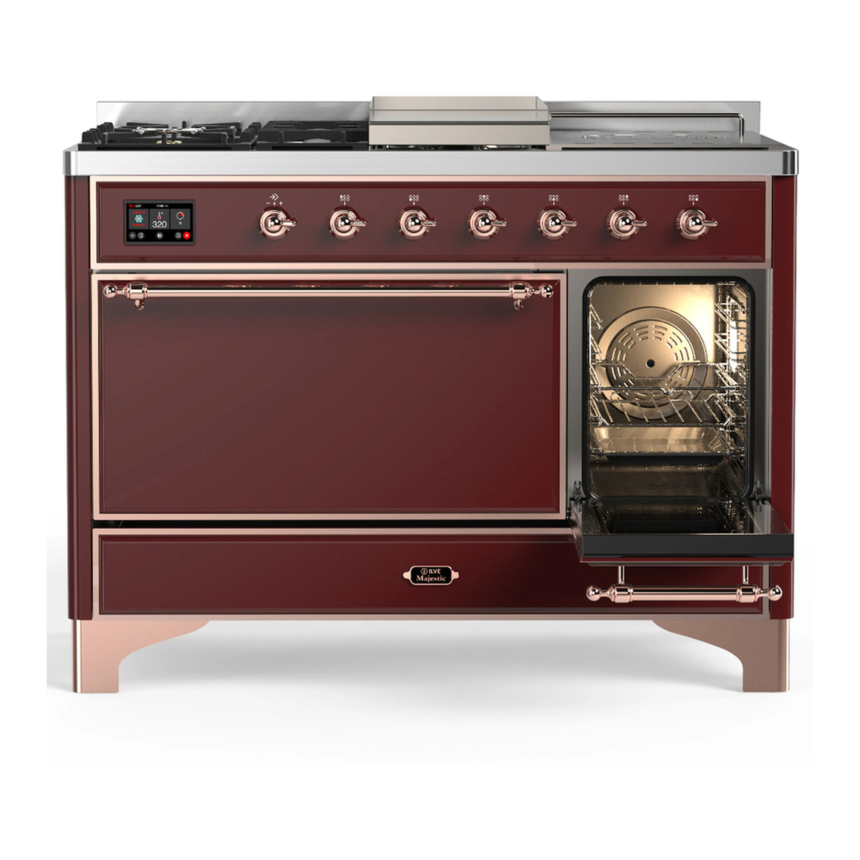 ILVE Majestic III 48-inch Dual Fuel Range with 5 Natural Gas Burner, Griddle, French Top and Solid Door Electric Oven in Burgundy with Copper Trim (UM48FSQNR3BUP) - Image 4
