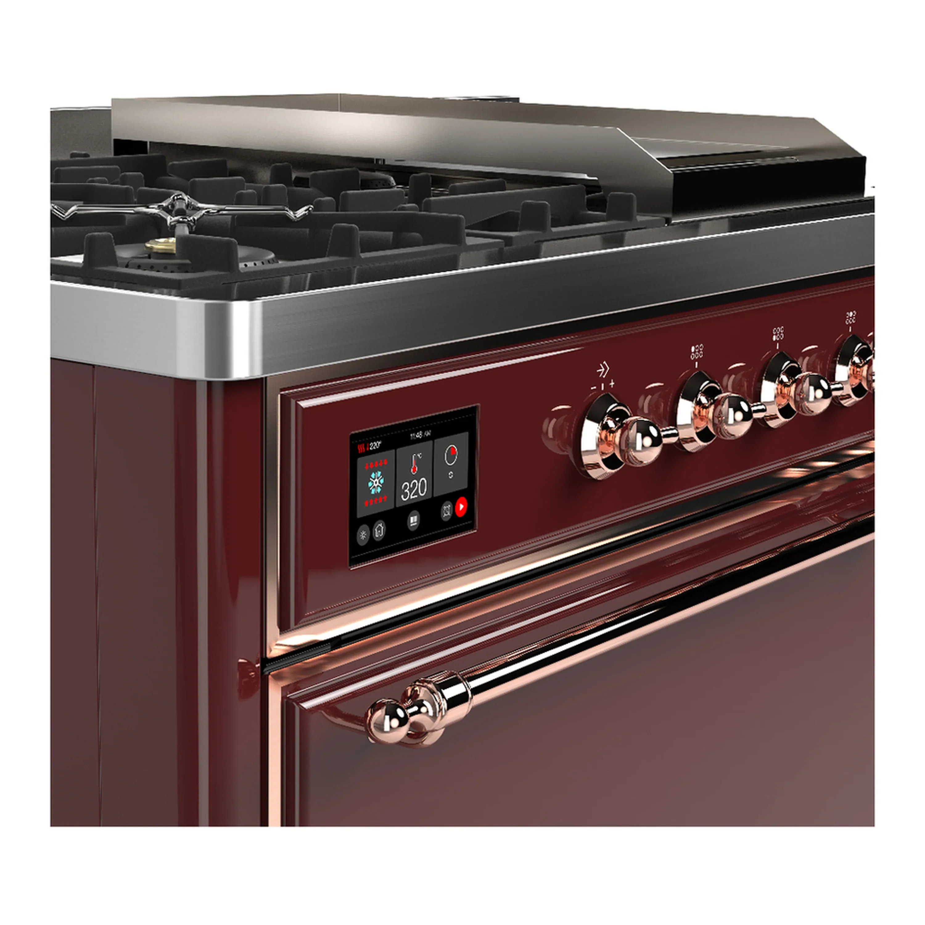 ILVE Majestic III 48-inch Dual Fuel Range with 5 Natural Gas Burner, Griddle, French Top and Solid Door Electric Oven in Burgundy with Copper Trim (UM48FSQNR3BUP) - Image 7