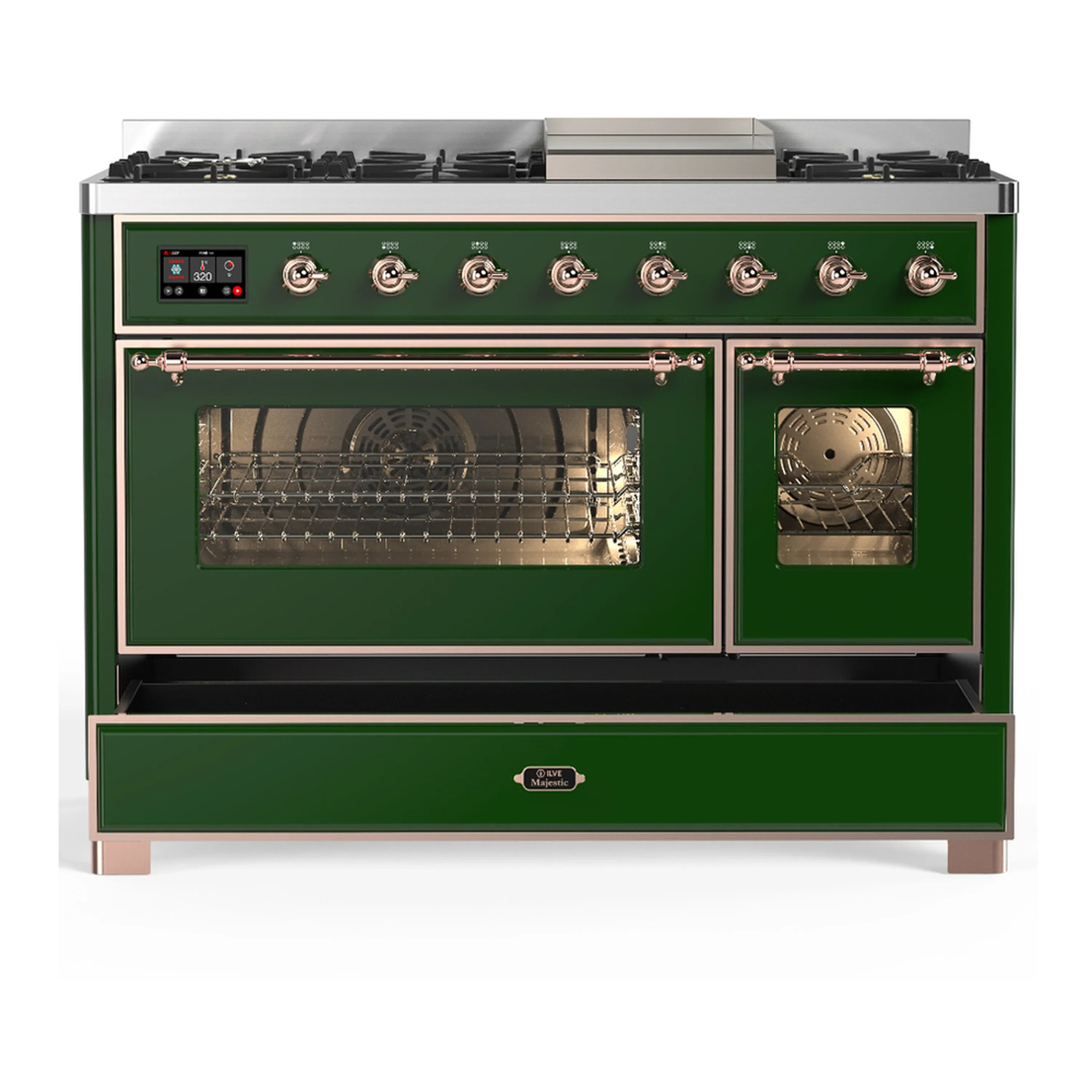 ILVE Majestic III 48-inch Dual Fuel Range with 5 Natural Gas Burner, Griddle and Triple Glass Door Electric Oven in Emerald Green with Copper Trim (UM48FNR3EGP) - Image 3