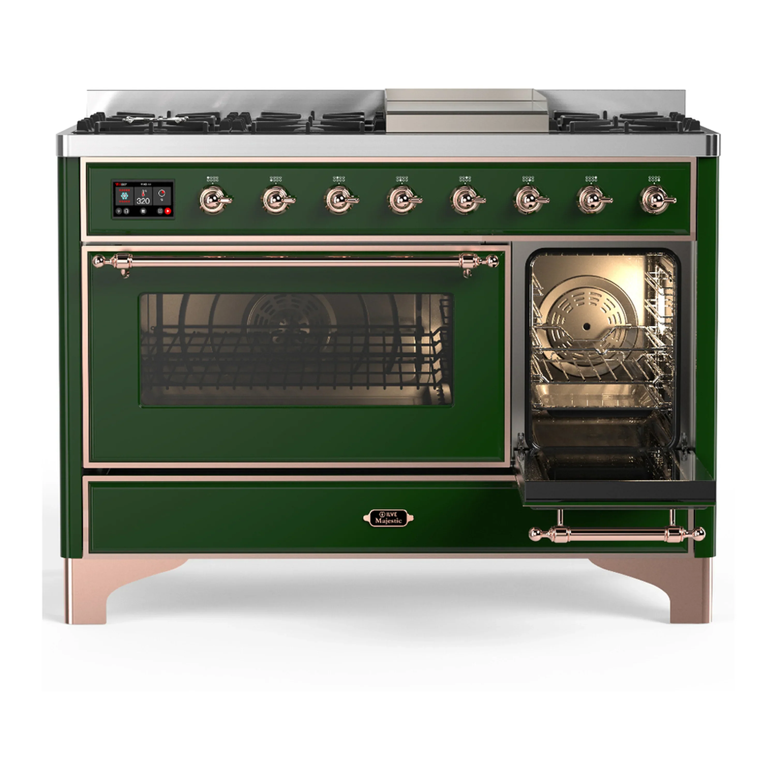 ILVE Majestic III 48-inch Dual Fuel Range with 5 Natural Gas Burner, Griddle and Triple Glass Door Electric Oven in Emerald Green with Copper Trim (UM48FNR3EGP) - Image 4