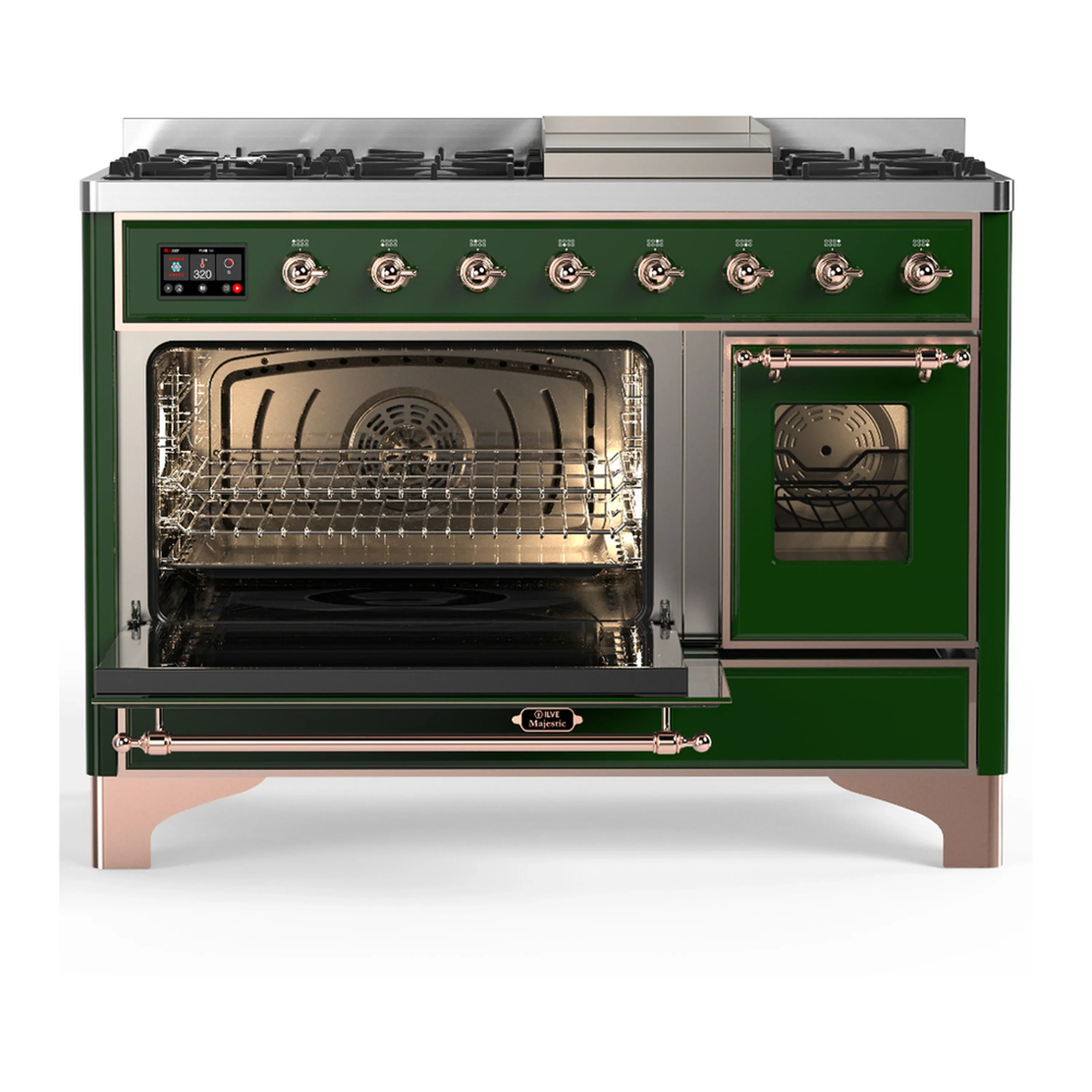 ILVE Majestic III 48-inch Dual Fuel Range with 5 Natural Gas Burner, Griddle and Triple Glass Door Electric Oven in Emerald Green with Copper Trim (UM48FNR3EGP) - Image 5