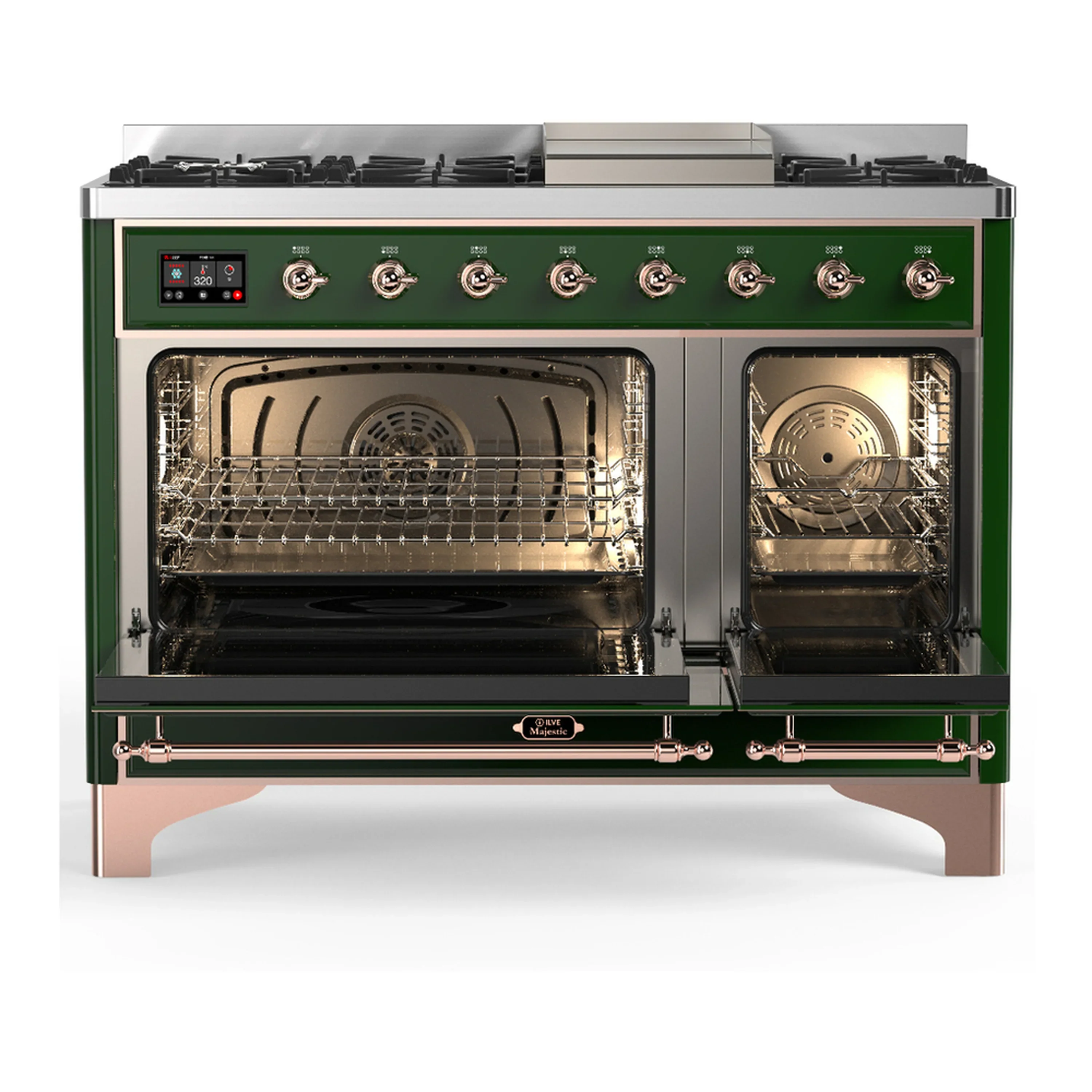 ILVE Majestic III 48-inch Dual Fuel Range with 5 Natural Gas Burner, Griddle and Triple Glass Door Electric Oven in Emerald Green with Copper Trim (UM48FNR3EGP) - Image 6