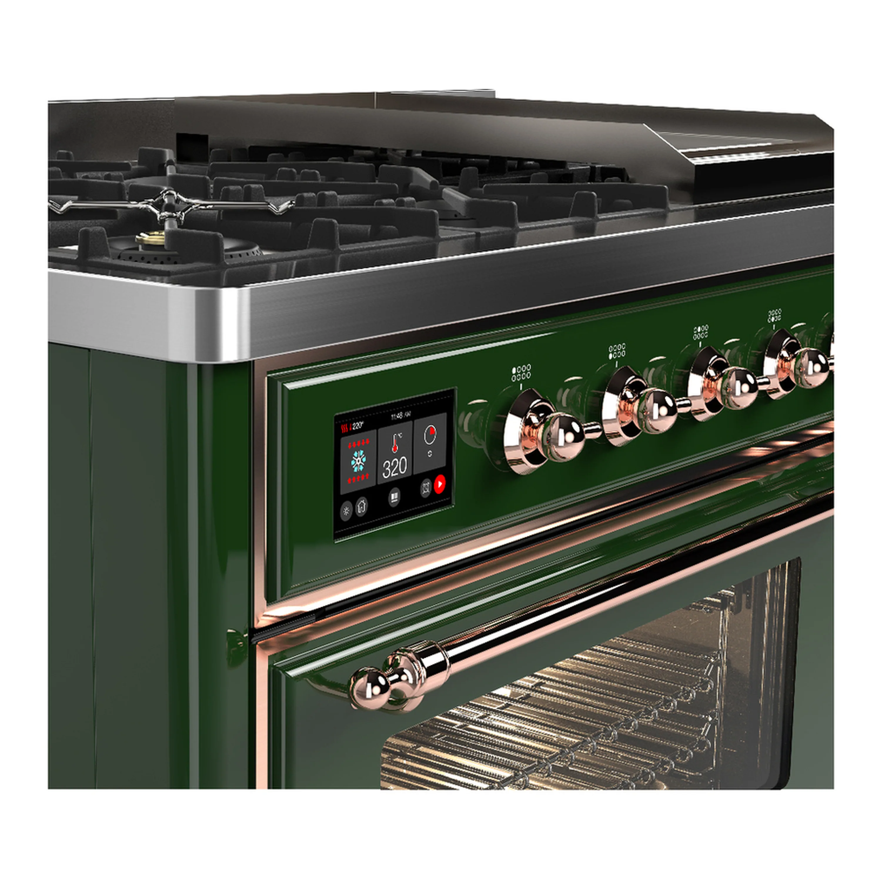 ILVE Majestic III 48-inch Dual Fuel Range with 5 Natural Gas Burner, Griddle and Triple Glass Door Electric Oven in Emerald Green with Copper Trim (UM48FNR3EGP) - Image 7