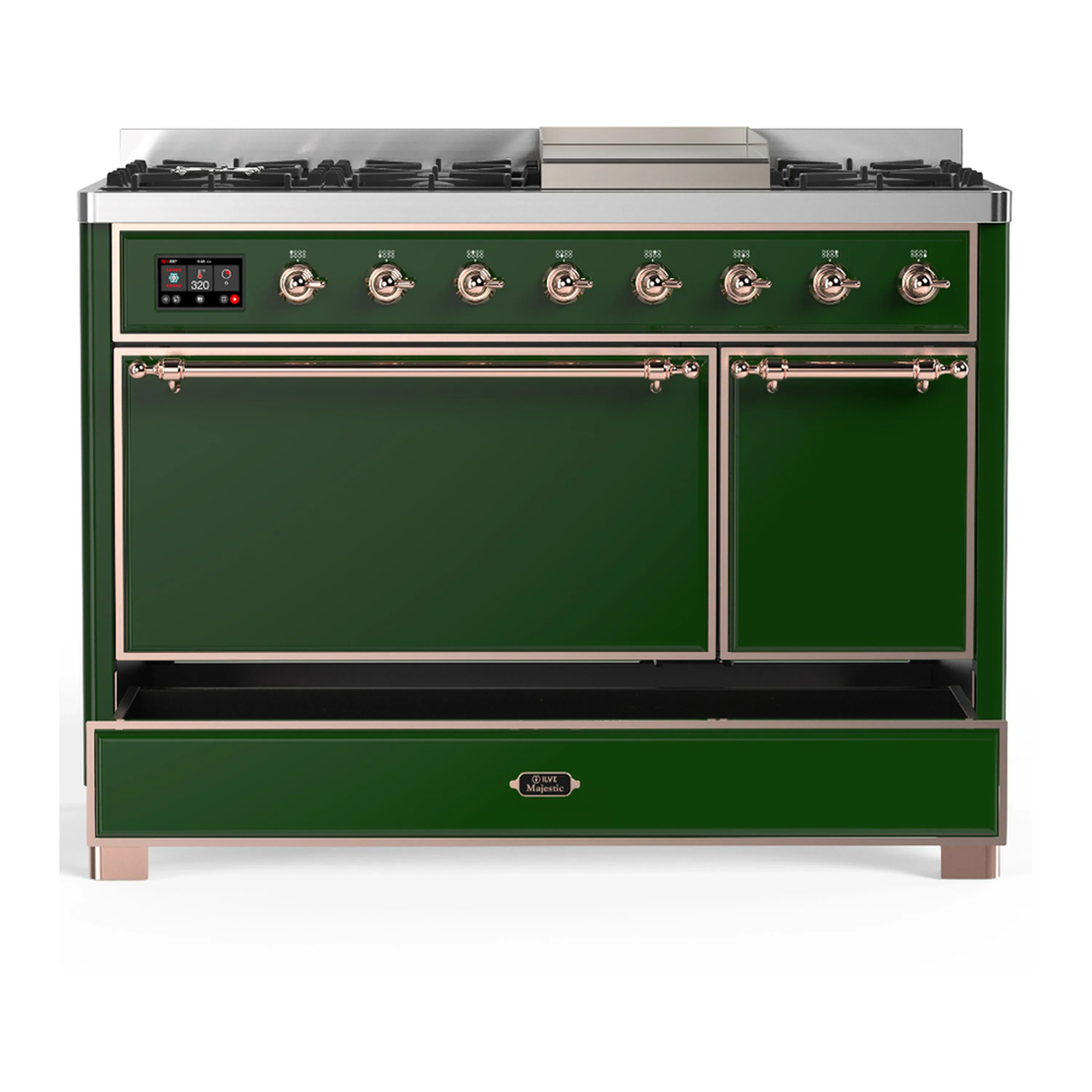 ILVE Majestic III 48-inch Dual Fuel Range with 5 Liquid Propane Burner, Griddle and Solid Door Electric Oven in Emerald Green with Copper Trim (UM48FQNR3EGPLP) - Image 3