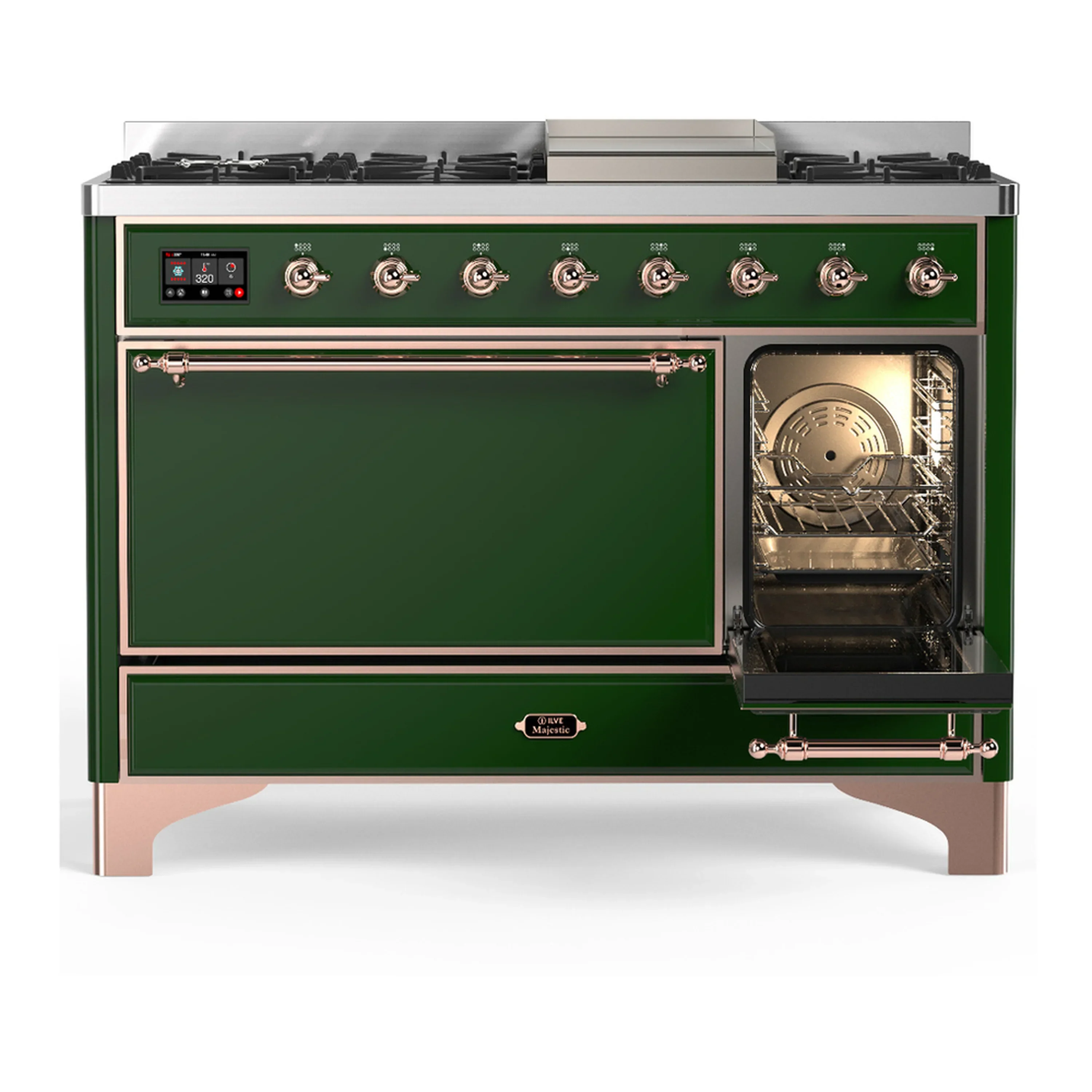 ILVE Majestic III 48-inch Dual Fuel Range with 5 Liquid Propane Burner, Griddle and Solid Door Electric Oven in Emerald Green with Copper Trim (UM48FQNR3EGPLP) - Image 4