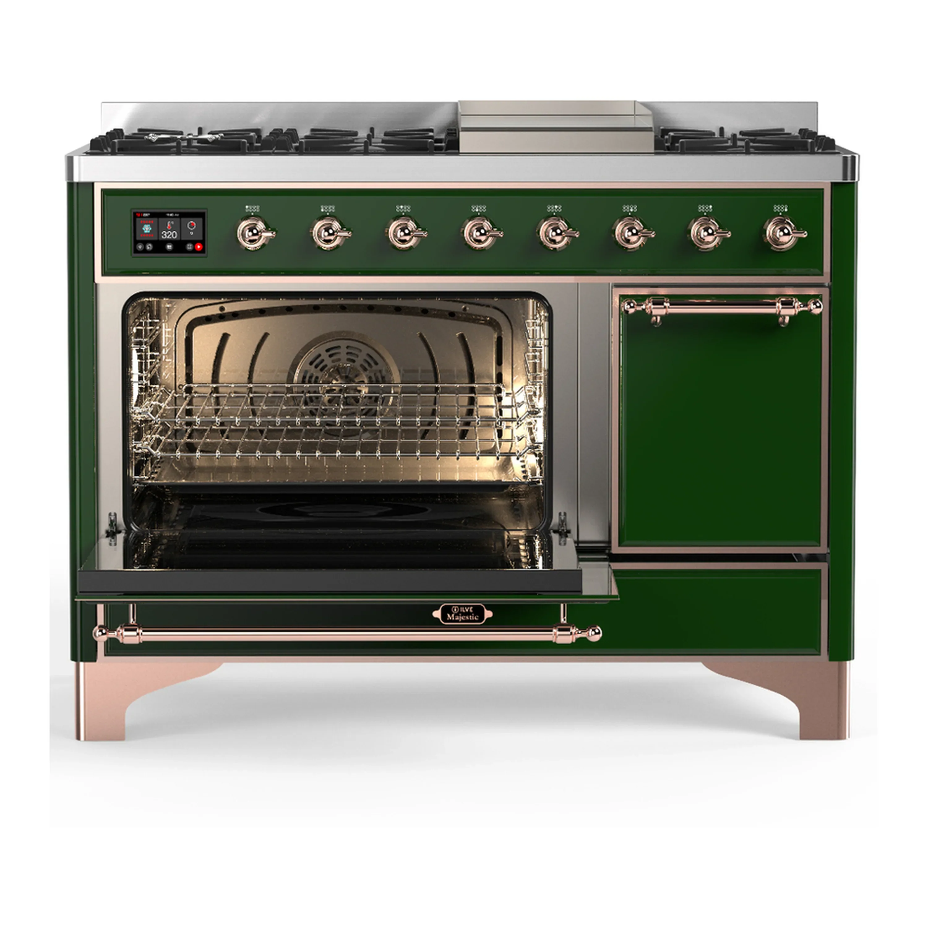 ILVE Majestic III 48-inch Dual Fuel Range with 5 Liquid Propane Burner, Griddle and Solid Door Electric Oven in Emerald Green with Copper Trim (UM48FQNR3EGPLP) - Image 5