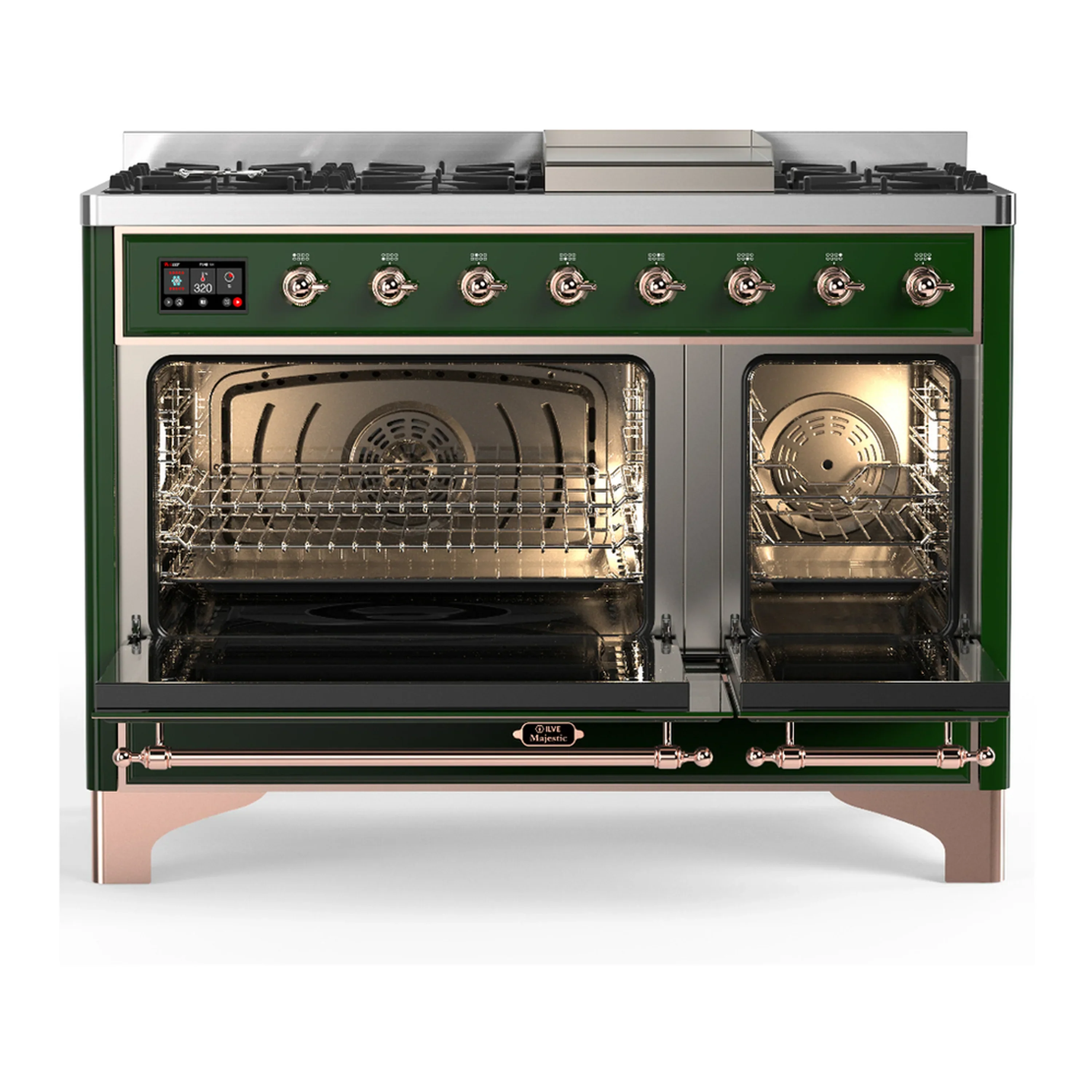 ILVE Majestic III 48-inch Dual Fuel Range with 5 Liquid Propane Burner, Griddle and Solid Door Electric Oven in Emerald Green with Copper Trim (UM48FQNR3EGPLP) - Image 6